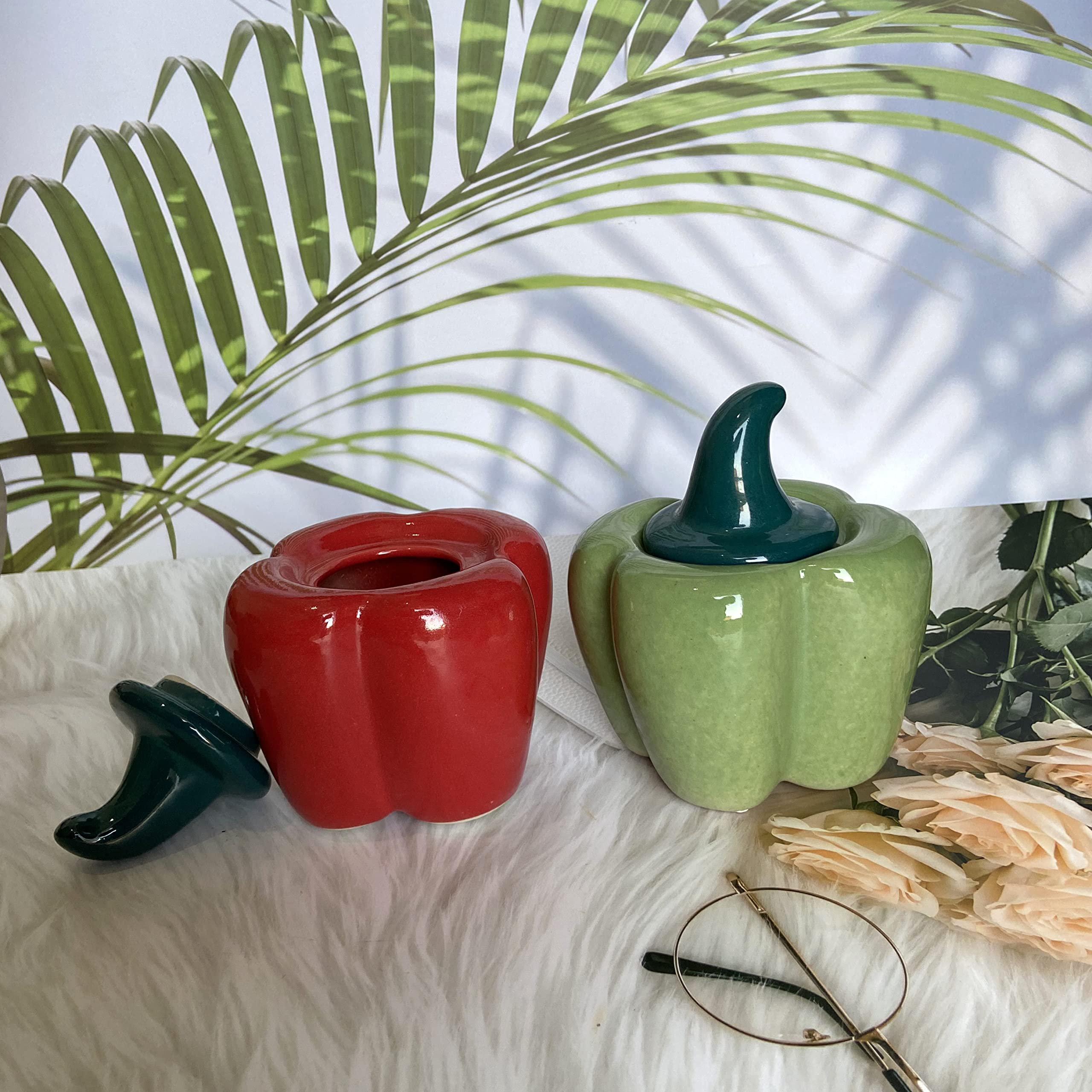 The Decor Lane Ceramic Handcrafted Multi Utility Storage airtight Capsicum Shaped Jar with Lid 500 ml | Ceramic Kitchen Canister | Cookie Jar | Pickle Storage Jar | Burni (Pack of 2) (Red-Green) (B0BVKYGQ67) Amazon Price History, Amazon Price Tracker