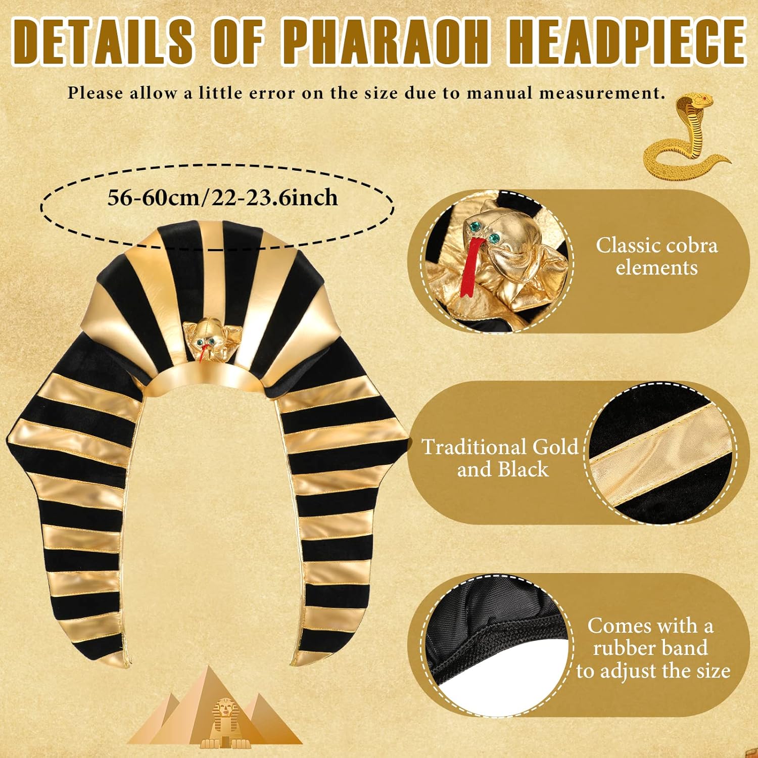 Tarpop 6 Pieces Egyptian Costume Accessory Set Pharaoh Hat Collar Egyptian Belt Cuffs Cobra Head Scepter for Men Halloween King Tut Cosplay Role Play Party Prop Supplies - Image 2