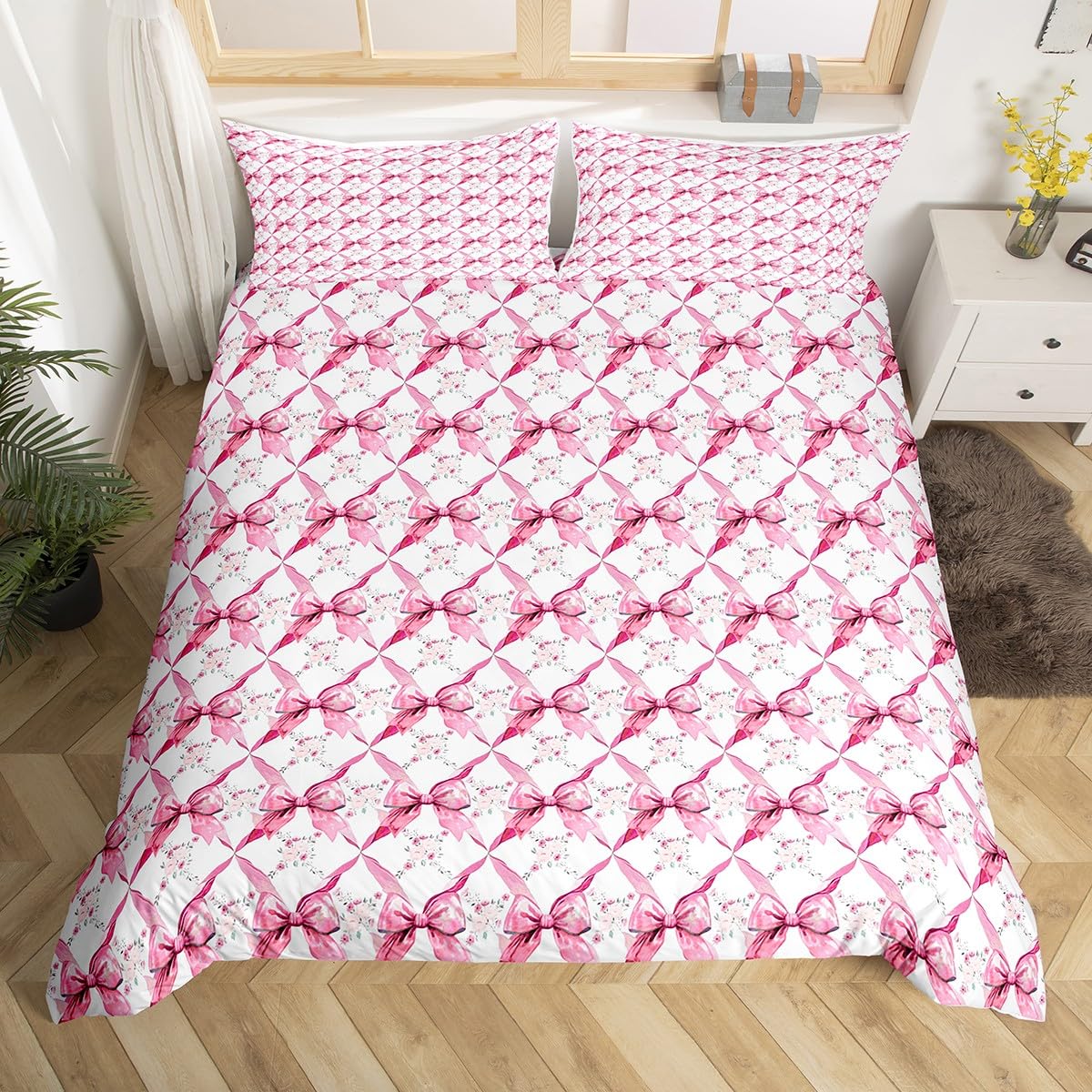 Homemissing Pink Bow Floral Bedding Duvet Cover Set Super Super King Size Cute Bowknot Bedding Set for Kids Boys Girls Decor Elegant Bow Cover Set Microfiber Bow Bedspread Cover Bedroom Bedclothes