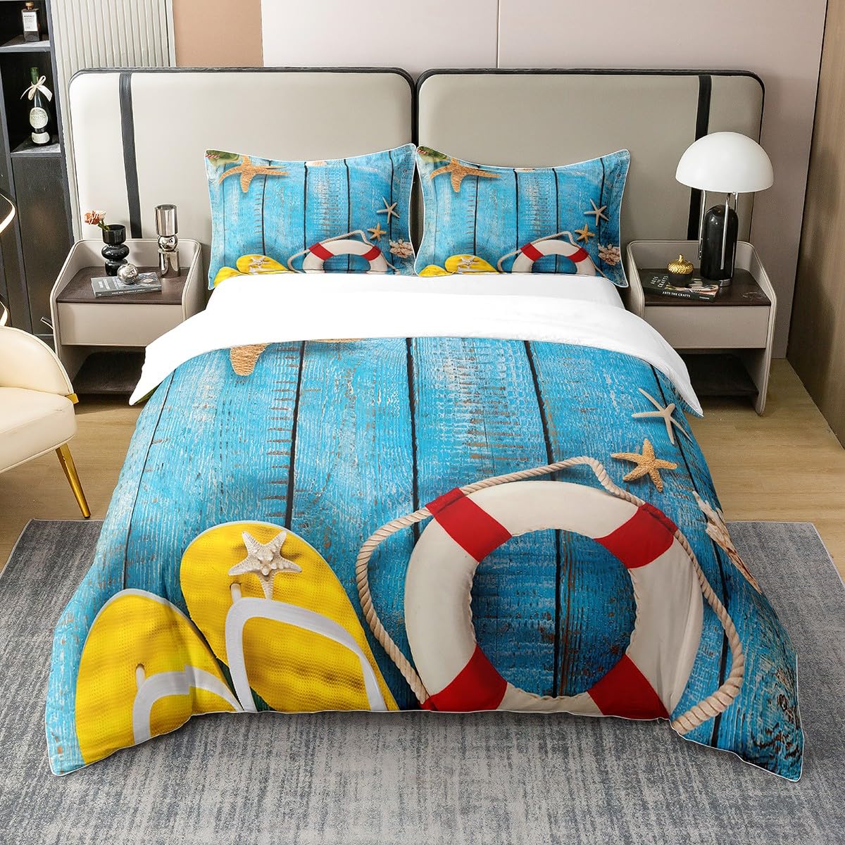 Ozean Themed 100% Baumwolle Bettbezug 135x200,Rustikale Bauernhaus Tröster Abdeckung,Küsten Lodge Kabine Bettwäsche,Seesterne Seashell Quilt Cover,Life Boje Flip Flops Bedruckt Bett mit 1 Kissenbezug