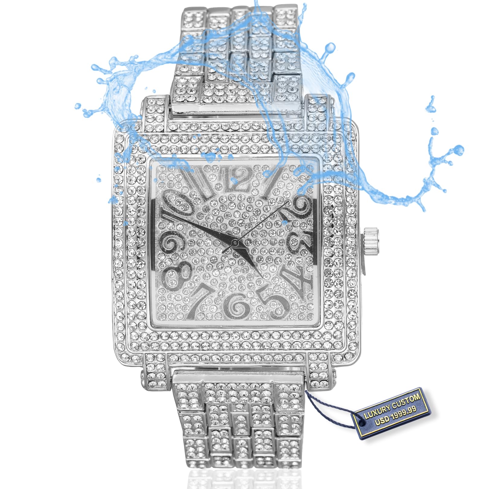 HALUKAKAH Moissanite Orologio in Oro con Diamanti per Uomo,Lusso Placcato in Vero Oro 18k/Oro Bianco Platino,Quadrante Quadrato Extra Grande con Numeri Artistici,Polsino 24cm,con Scatola Regalo