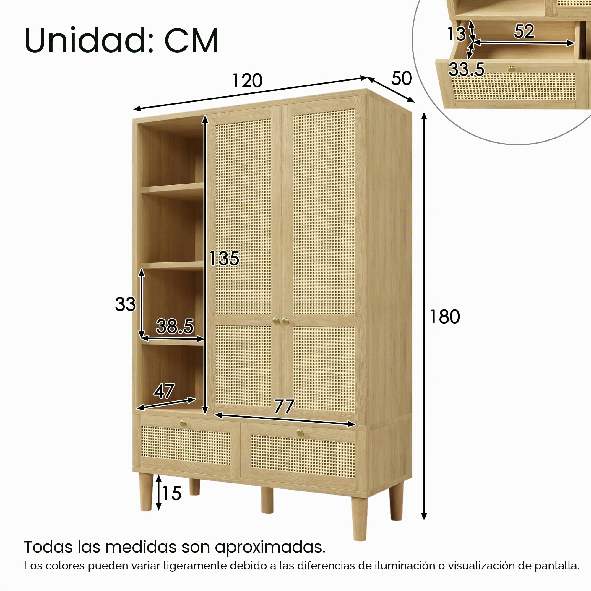 Moimhear Armario de 120 x 50 x 180 cm, con 2 puertas y mimbre trenzado, estante abierto, barra para colgar ropa, 2 cajones, protección antivuelco