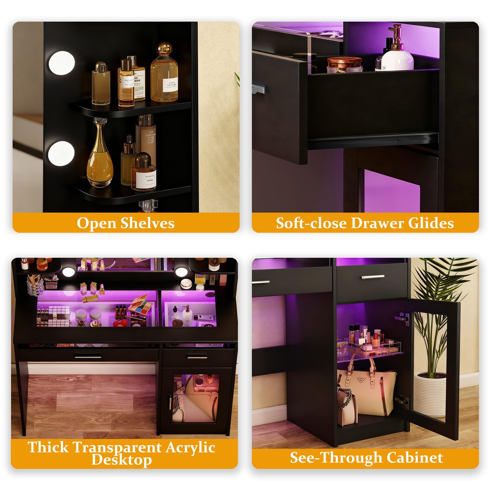 HUAHUU Vanity Desk with Mirror and Lights, Makeup Vanity Desk with Lights 3 Colors, Transparent Top Vanity with 2 RGB Drawers, 6 Shelves, Large Tempered Cabinet, Power Outlet, for Bedroom, White: Black