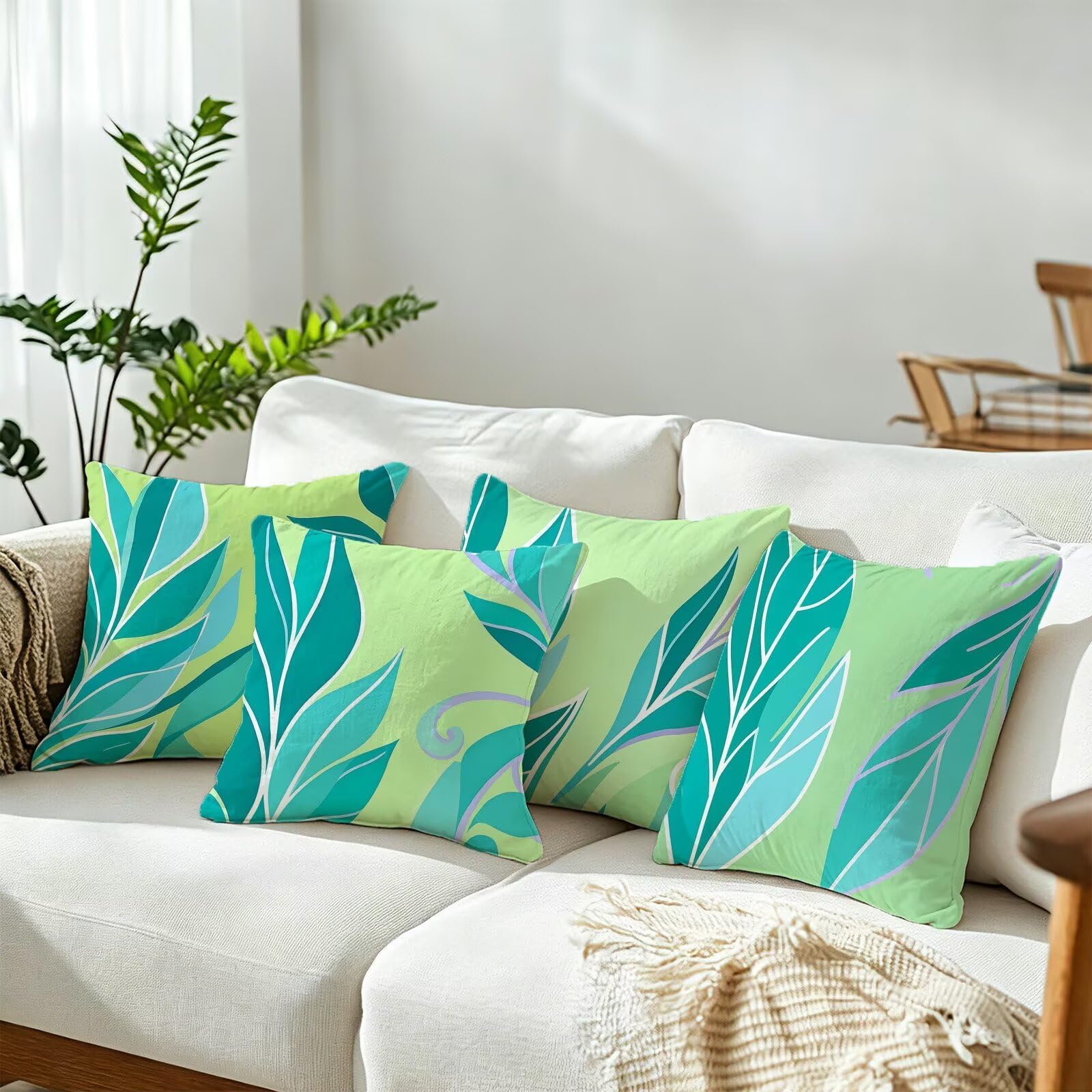 Blu Federe Cuscini Divano 65x65cm, Cuscini da Esterno Set de 4, Cod-129 | Lin Copricuscini Decorativi Letto Arredo, per Letto, Soggiorno, Giardino, Esterno, Casa Decorazione Set di 4 Foglie