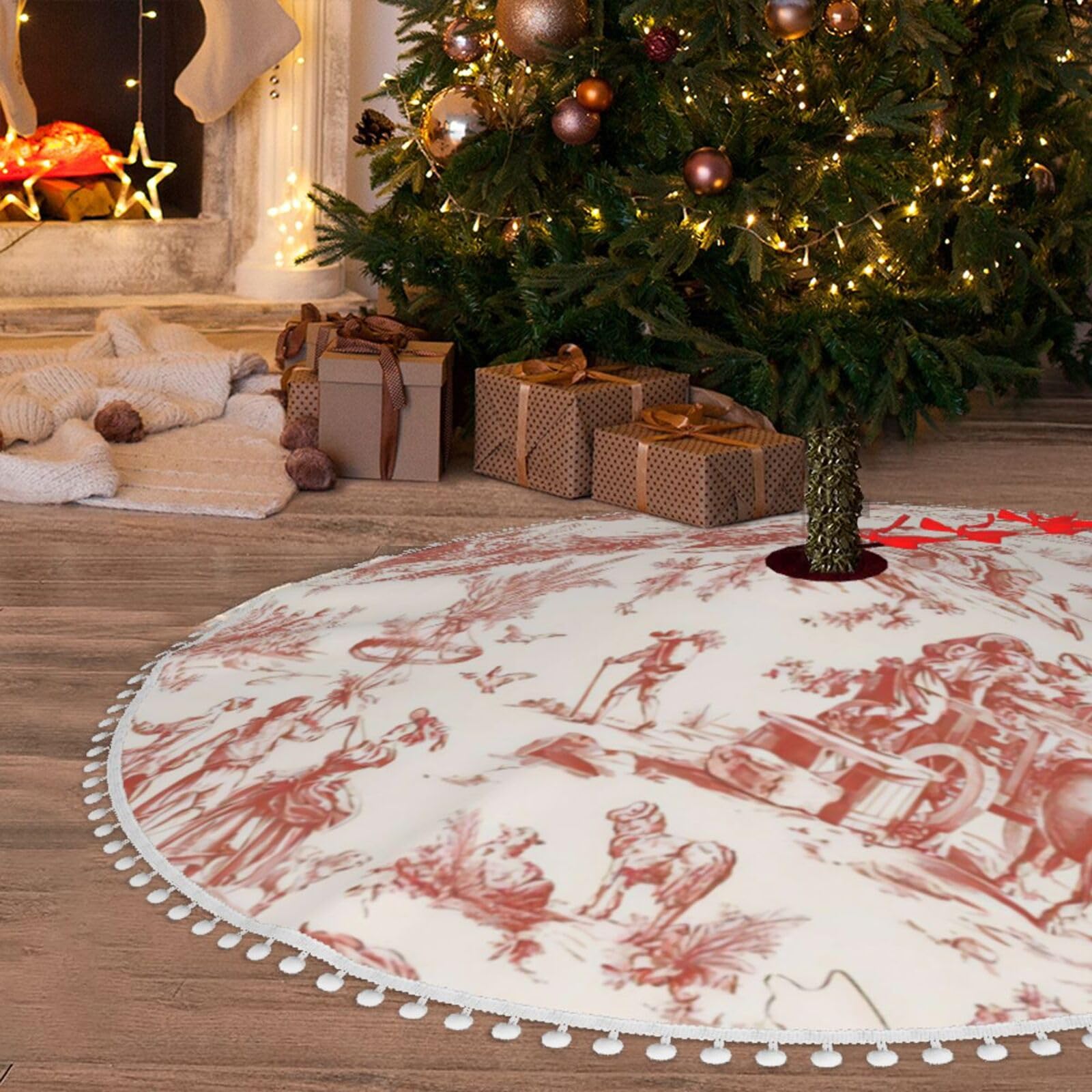 Lukiyys Christmas Tree Skirt for Holiday Tree, Red French Country Toile Pattern Tree Skirt for Party Christmas Tree 48"", Black