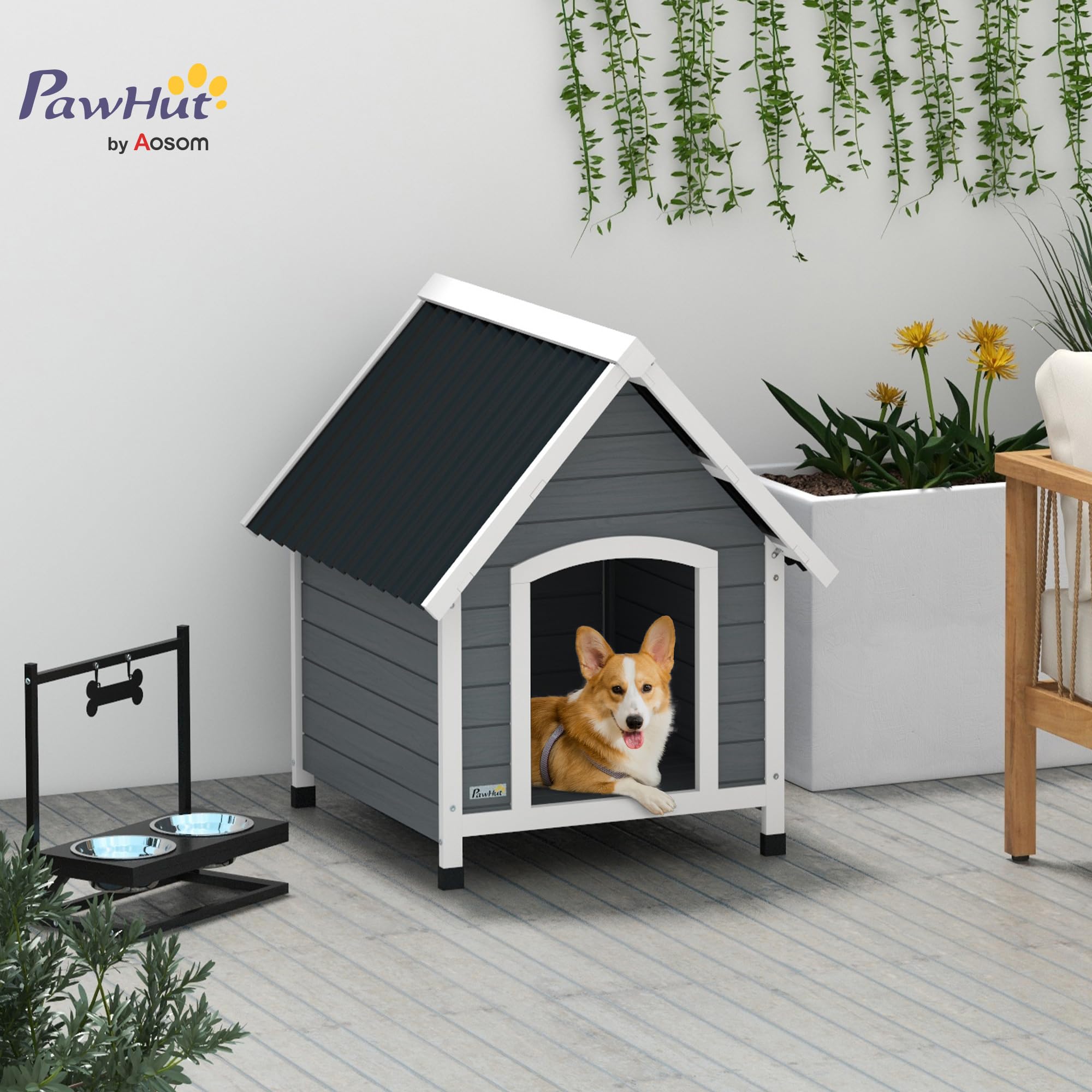 PawHut Hundehütte aus Holz Kleintierhaus mit Asphaltdach Outdoor Hundehöhle korrosionsbeständig Hundehaus mit herausnehmbarem Boden für mittelgroße Hunde 75 x 88 x 82 cm Grau