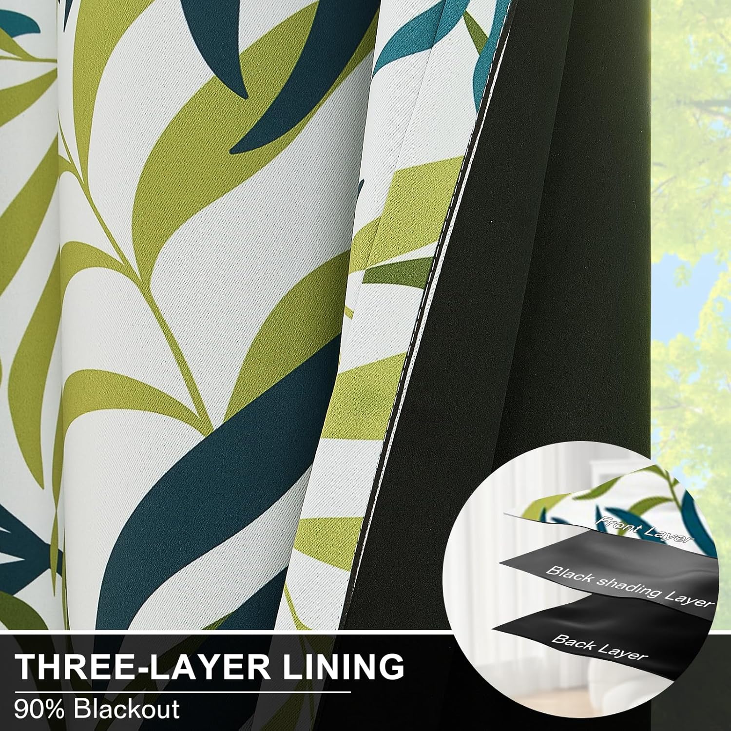 Blackout Curtains for Living Room, Leaf Print Boho Window Blackout Curtains 84 Inches Length 2 Panels Set Noise Reducing Thermal Insulated Window Drapes for Bedroom,52" W x 84" L