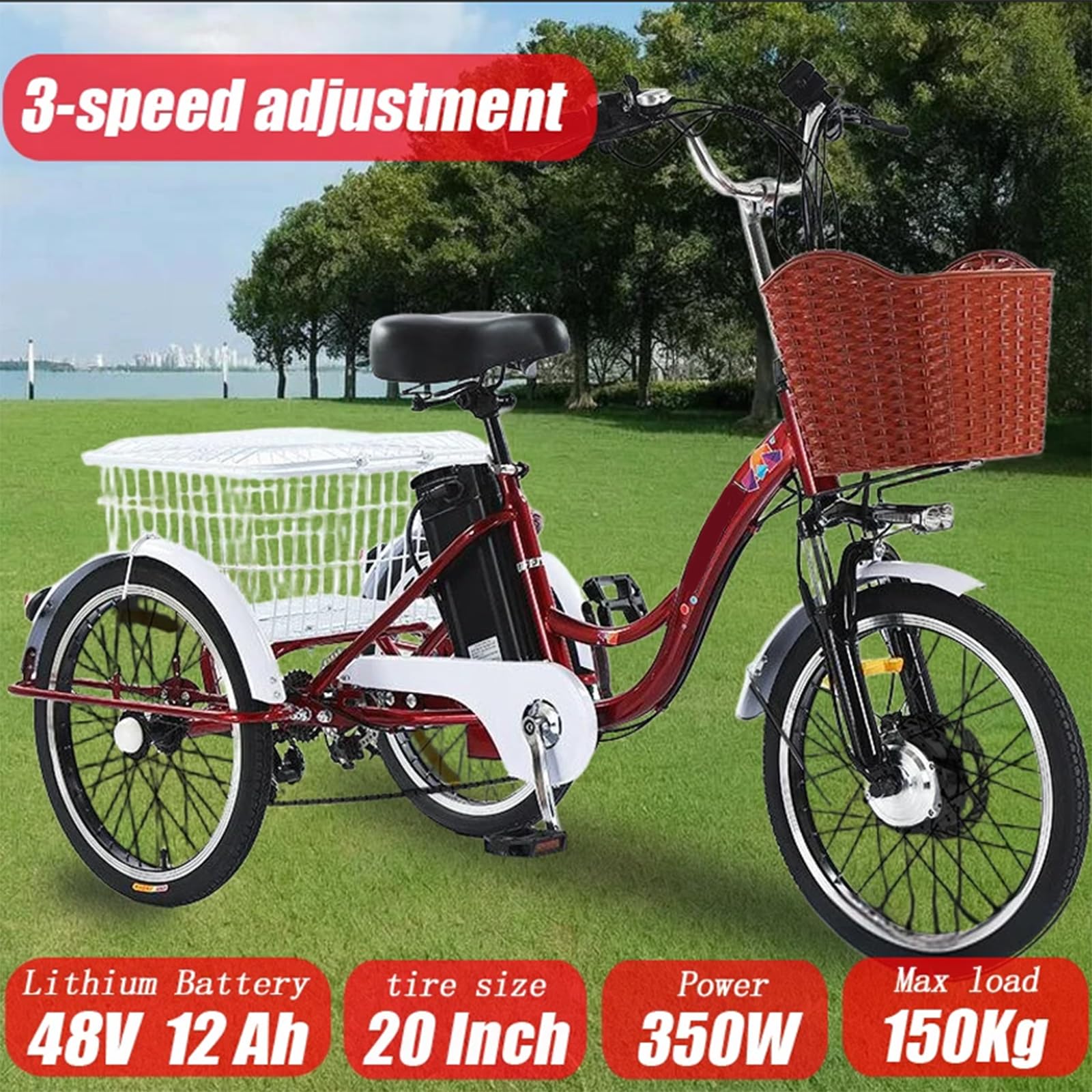 Triciclo elettrico per adulti, 20 pollici, 7 velocità, portata massima 150 kg, 3 modalità di guida, faro a LED e clacson, ideale per gli spostamenti quotidiani e per fare la spesa.