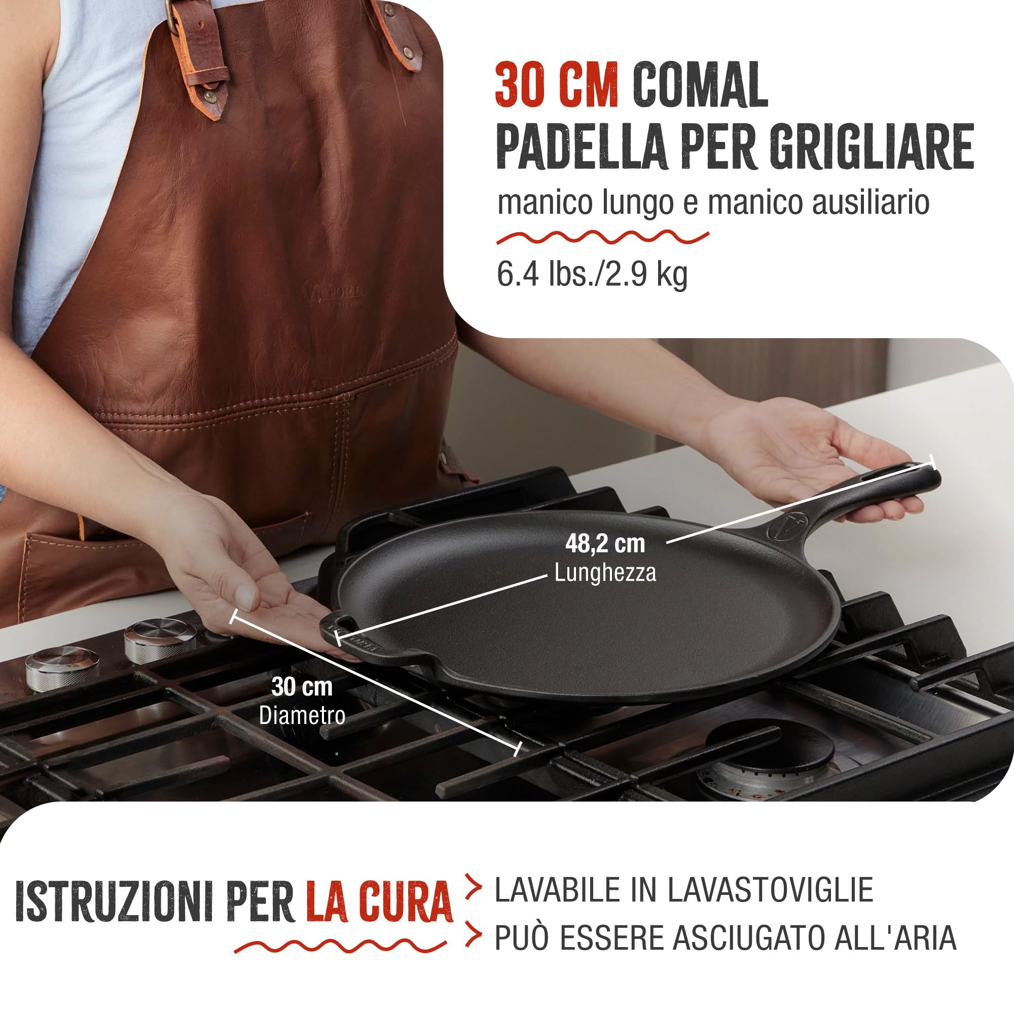 VICTORIA Padella per Grigliare Ghisa Smaltata Induzione Comal per Pizza 30cm, Omeletts, per Fuoco, Barbecue, Forno, Vetroceramica, Gas, Cast Iron Skillet Priva di Sostanze Tossiche e senza PTFE