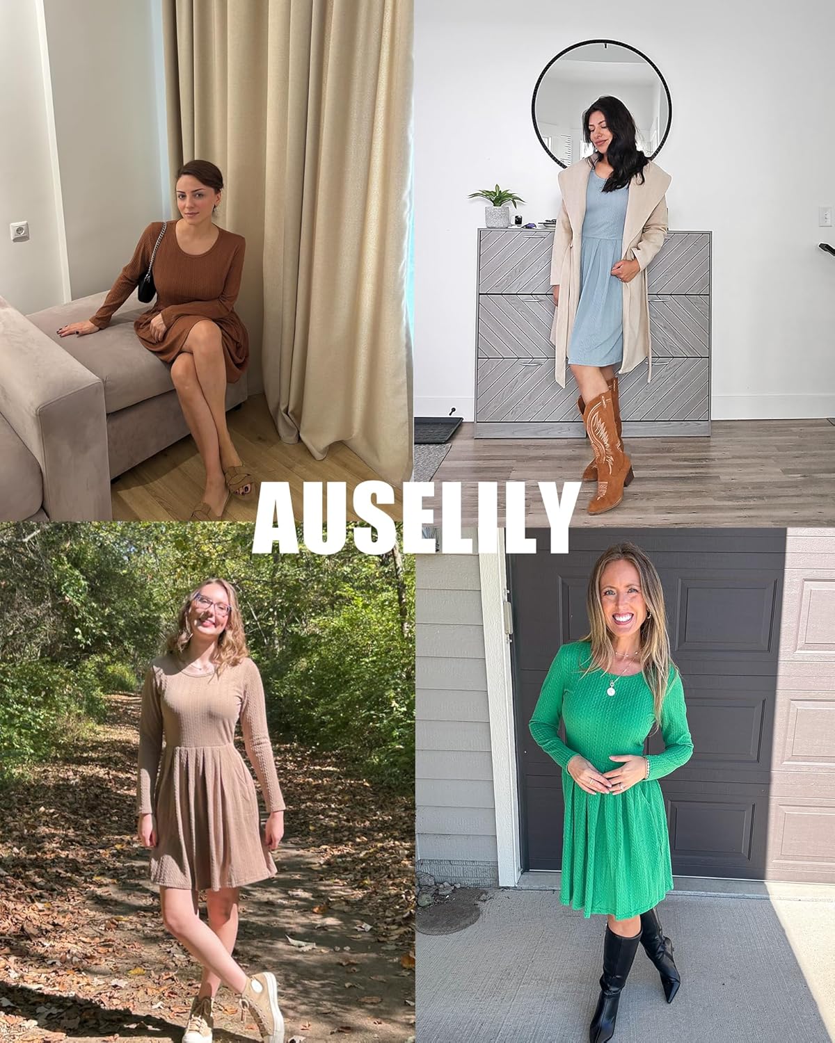 AUSELILY Long Sleeve Dress Women 2025 Crew Neck Fall Dresses Casual Knee Length Dress with Pockets - Image 6