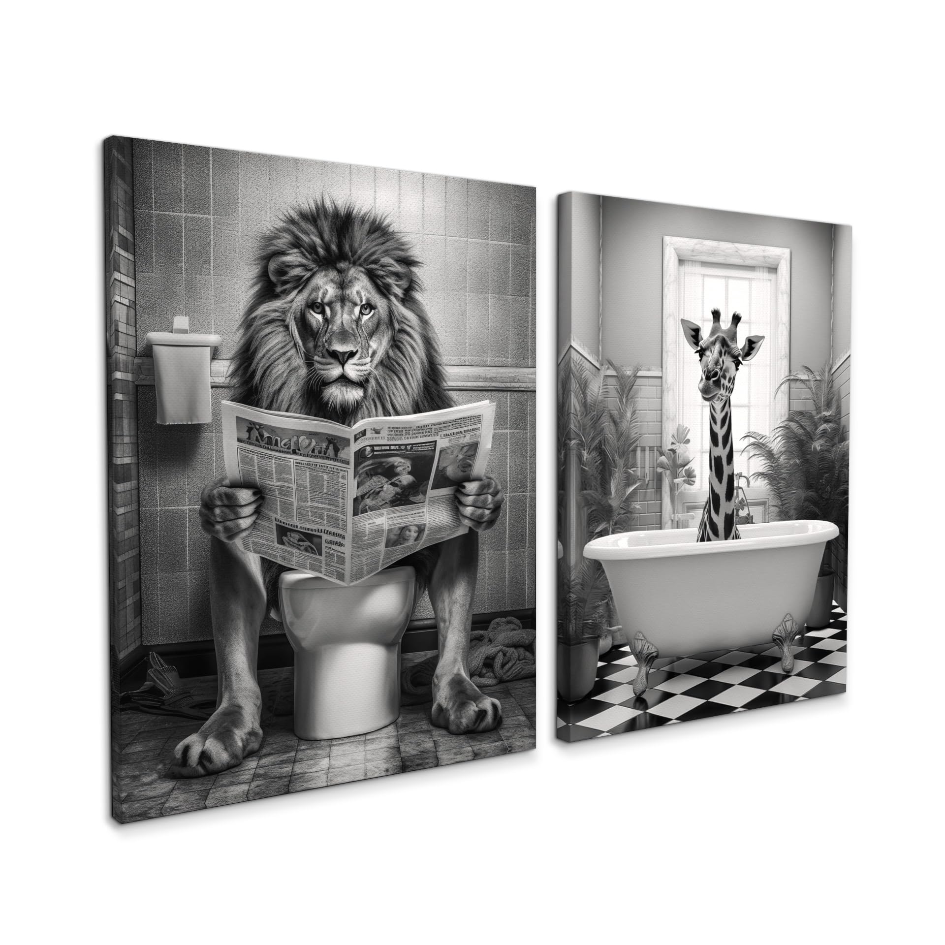 Ensemble de tableaux sur toile STYLER Fun 2x 32x42 cm (PRÊT À ACCROCHER) - Lion aux toilettes et girafe dans la baignoire - Décoration amusante de salle de bain - Noir et blanc