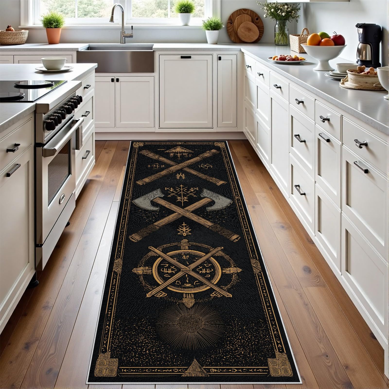 Wikinger Axt Teppich Läufer, Wikinger Totem Rune rutschfest Küchenteppich 60x210 cm, Mid Century Kurzflor Küchenläufer Waschbar, Faltbar, Teppichläufer Carpet für Küche, Wohnzimmer