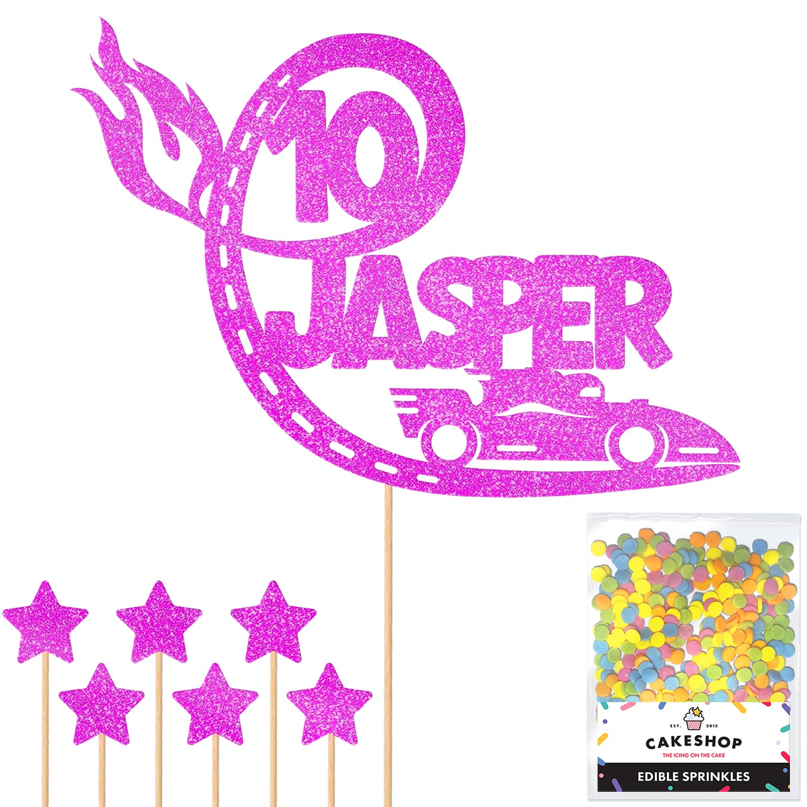 Personalised F1 Motor Racing Car Glitter Cake Topper - Pink Custom Age & Name Glitter Cake Decoration and Sprinkles - Happy Birthday Decorations - Personalised Toppers for Cakes by Cakeshop — image 1
