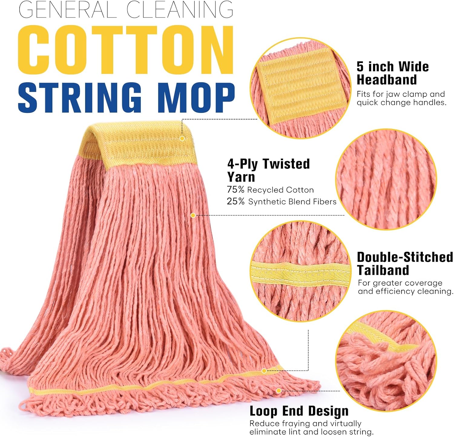 Matthew Cleaning Commercial Mop Head Replacement, 5 Inch Wide Headband, Looped End Cotton Blend String Wet Mops for Floor Cleaning, 24 oz Large, 6-Pack Orange