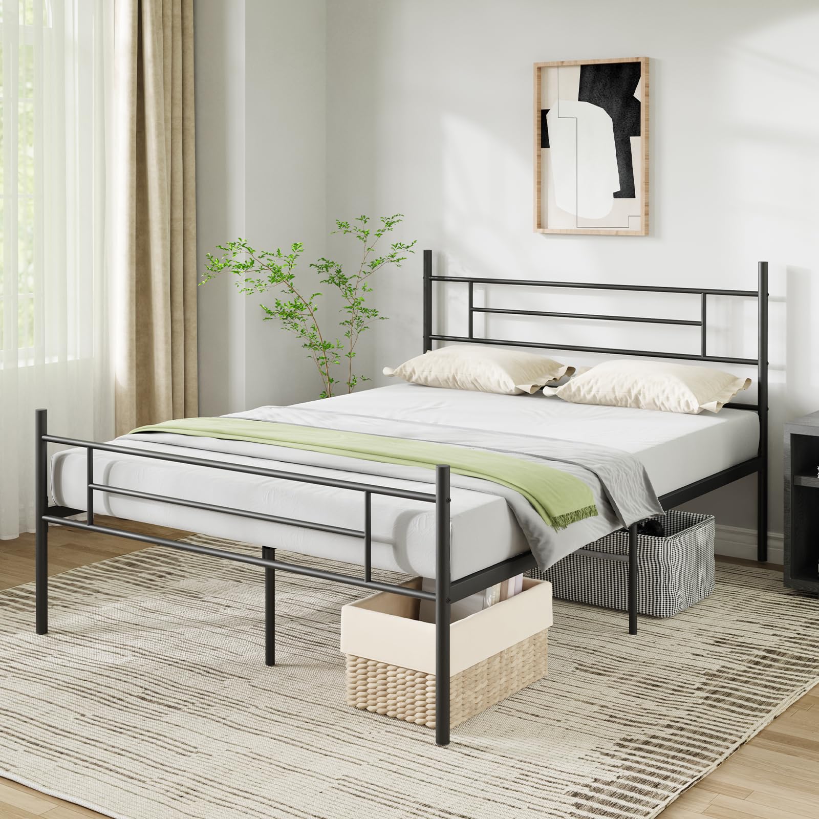 Novilla Rete Letto Matrimoniale 160x190 Struttura Letto con Testiera e Pediera, Supporto a Doghe in Acciaio, Design Antiscivolo per Materasso, Spazio di Archiviazione Sotto il Letto, Nero