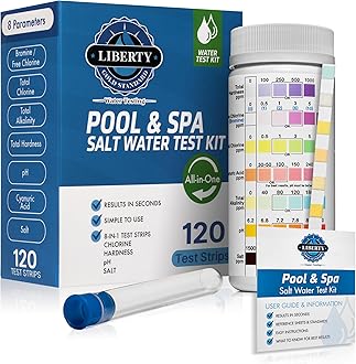 Salt Water Test Strips (120 Strips) - 8-in-1 Tests for Saltwater Swimming Pools & Spas - Total Chlorine, Salt, pH, Hardness, Cyanuric Acid, Alkalinity