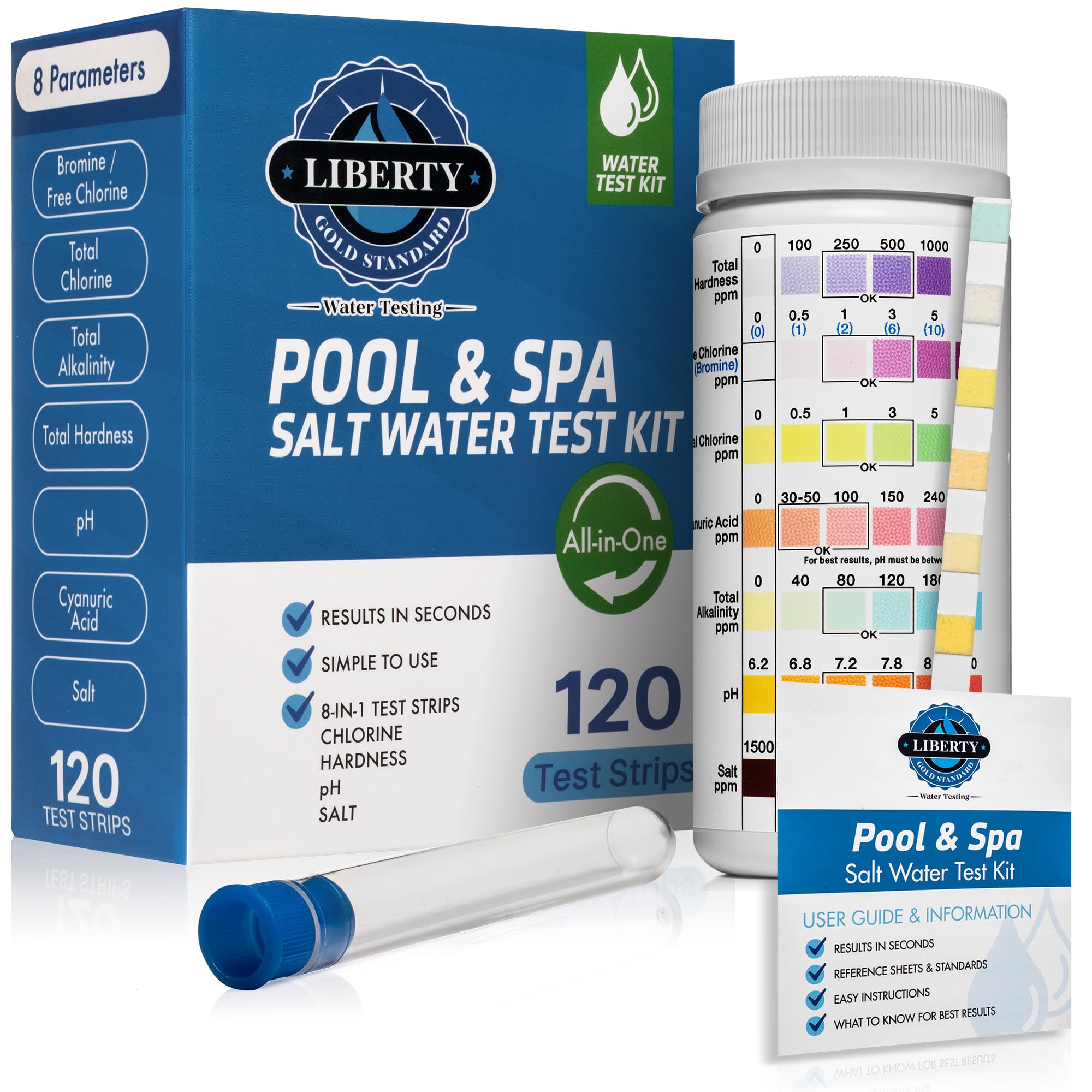 Salt Water Test Strips (120 Strips) - 8-in-1 Tests for Saltwater Swimming Pools & Spas - Total Chlorine, Salt, pH, Hardness, Cyanuric Acid, Alkalinity