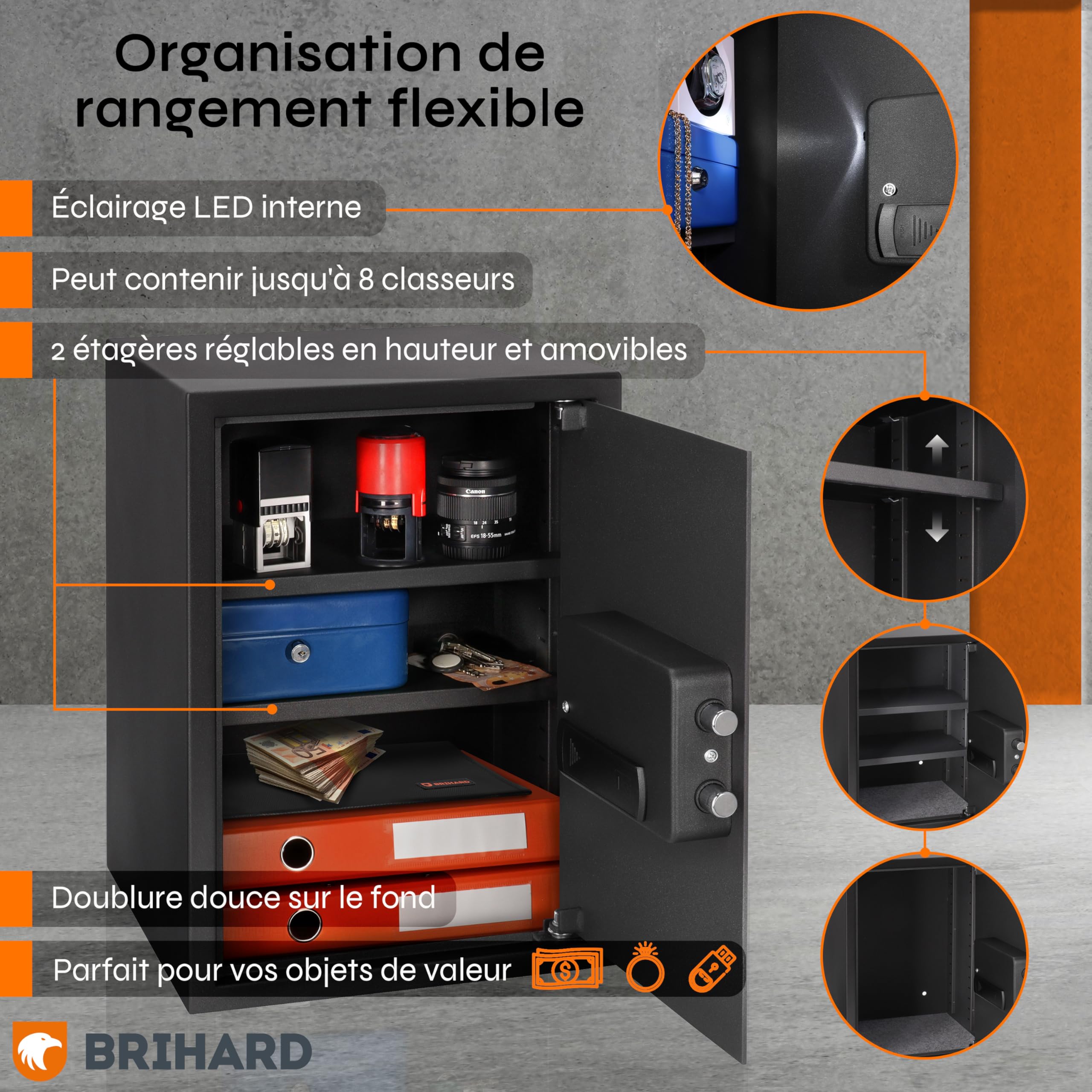 Business XL Coffre-Fort Biométrique 50x35x36 cm avec Sac Ignifuge, Coffre Sécurisé à Empreinte Digitale 60L, 2 Étagères à Hauteur Réglable, Idéal pour Argent, Documents A4, Bijoux