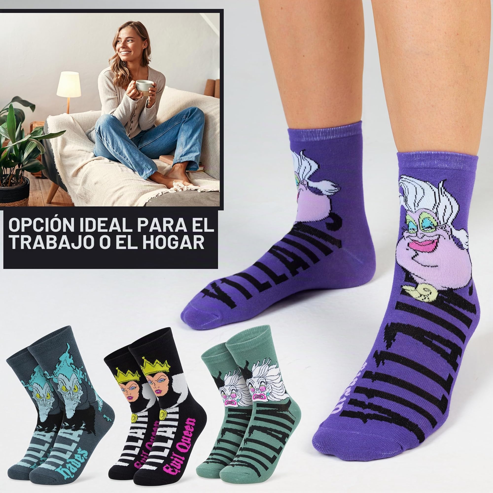 Disney Calcetines Mujer, Pack de 5 Calcetines Divertidos, Stitch, Minnie Mouse, Villanos o Jack y Sally, Regalos Originales