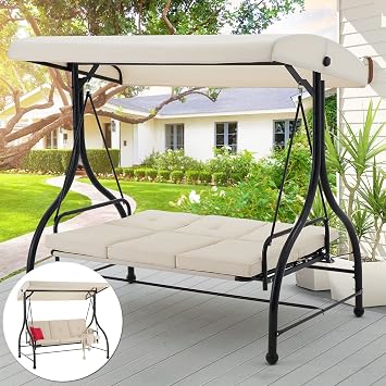 AECOJOY 3-Seat Outdoor Patio Swing With Canopy, Converting Porch Hammock, Adjustable Backrest, Removable Cushions and Stand, Beige