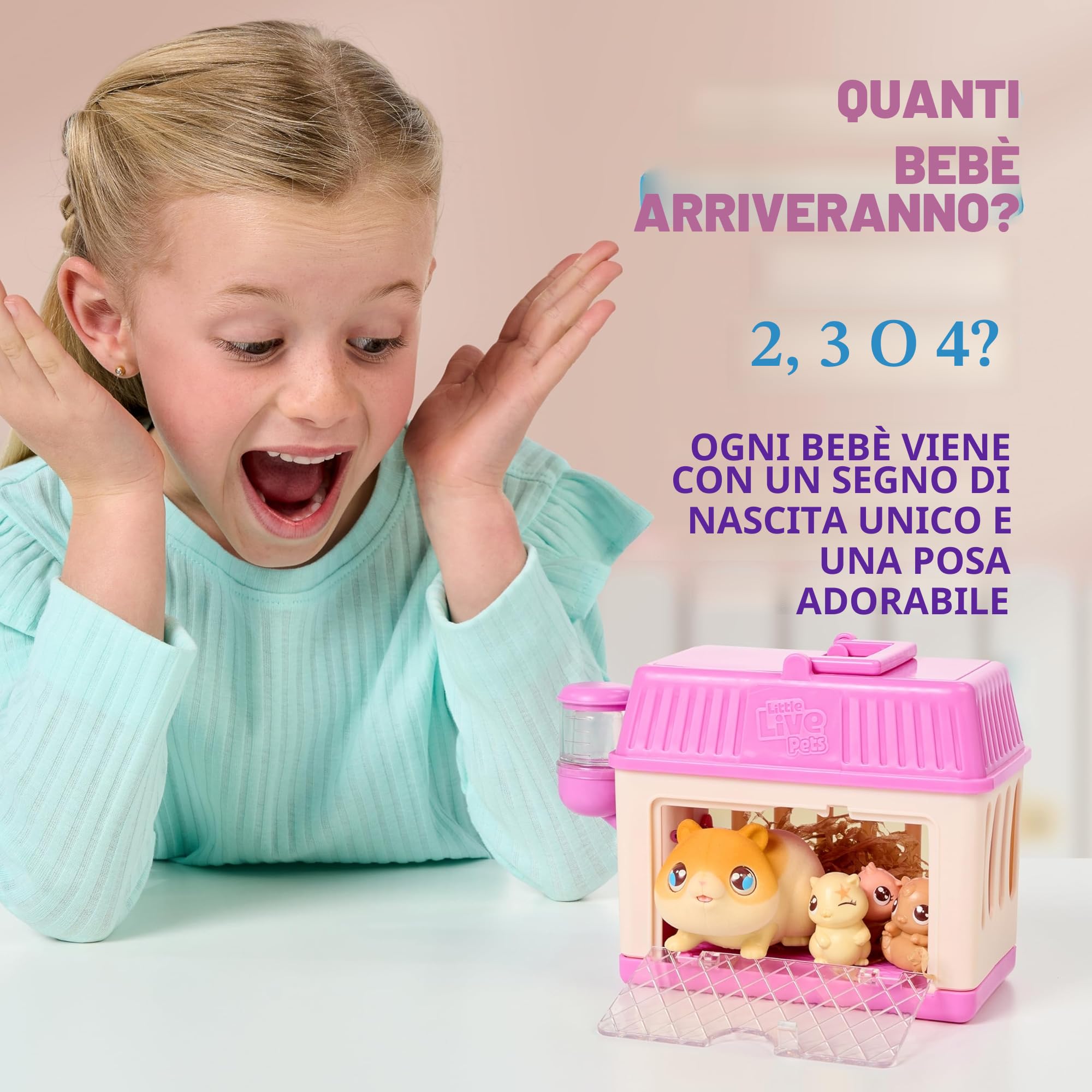 Little Live Pets Mama Surprise Mini criceto giocattolo, prenditi cura del tuo criceto nella loro conigliera per rivelare 2, 3 o 4 mini bambini