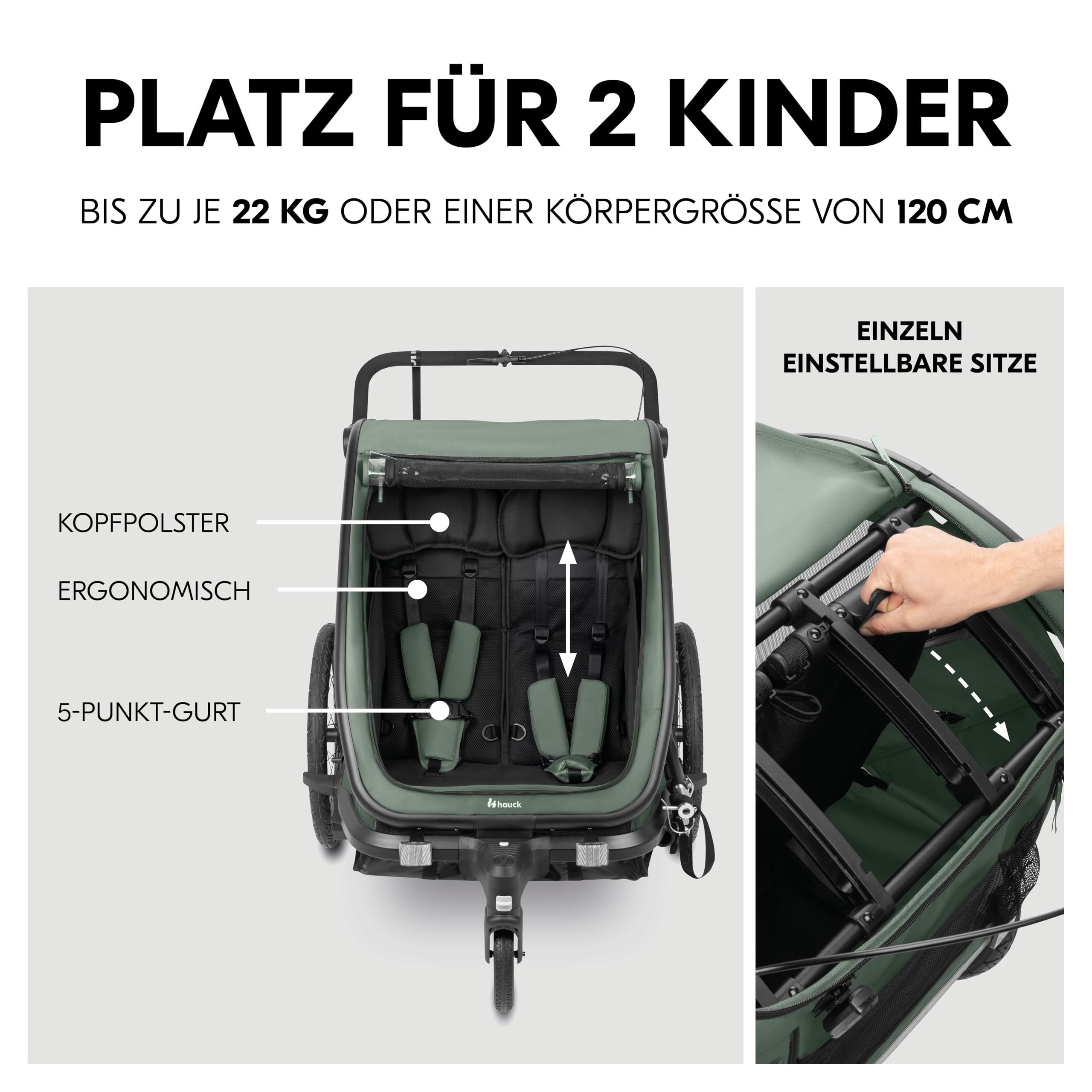 hauck 3in1 Fahrradanhänger Bike N Walk Duo Set inkl. Baby Lounger & Regenschutz | Zwillingsanhänger und Kinderwagen für 2 Kinder bis 44 kg | faltbar & gefedert