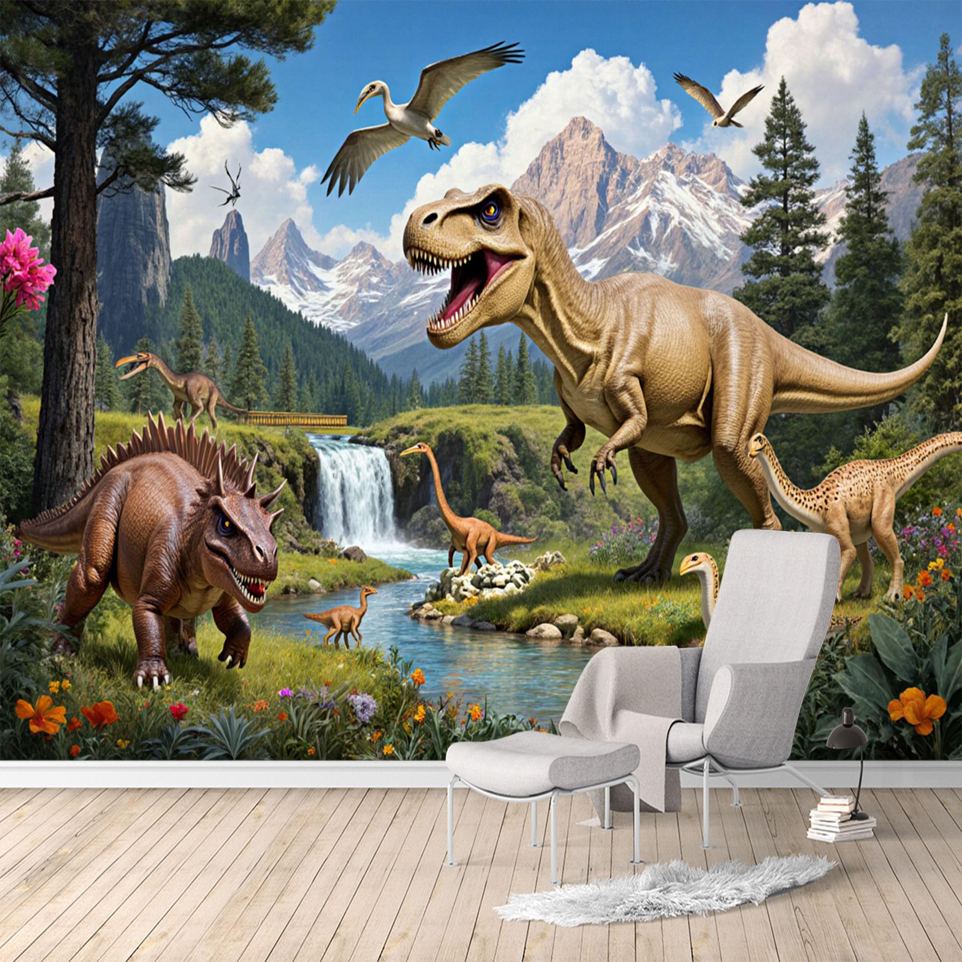 Custom Size Wall Murals, Prehistoric Creature Waterfall Forest View, Removable Self Adhesive Large Wallpaper Mural for Living Room Bedroom Office Home Decor
