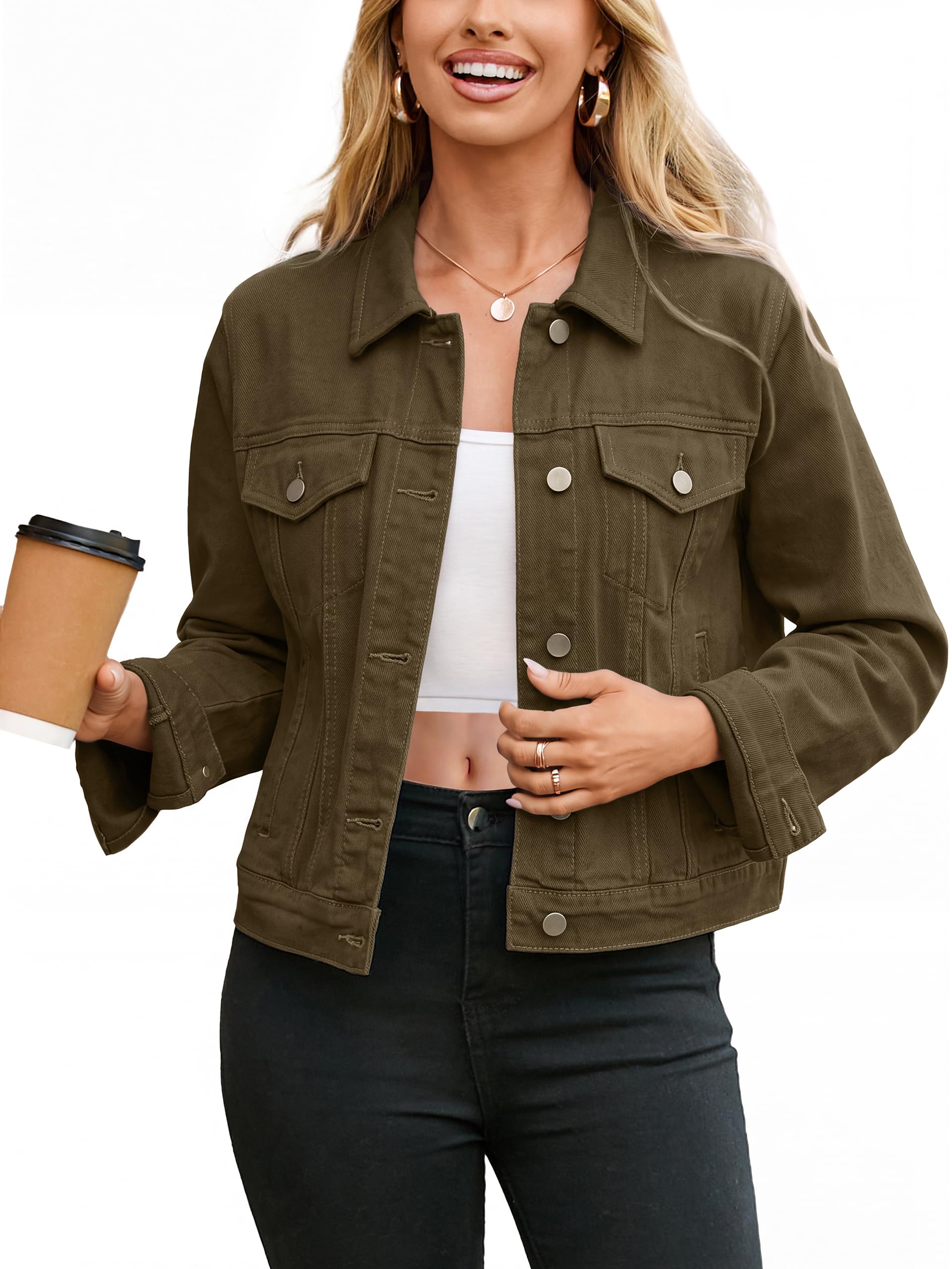 Glamaker Womens Jean Jacket 2026 Basic Trendy Long Sleeve Denim Jackets Button Down Fitted Western Coat with Pockets