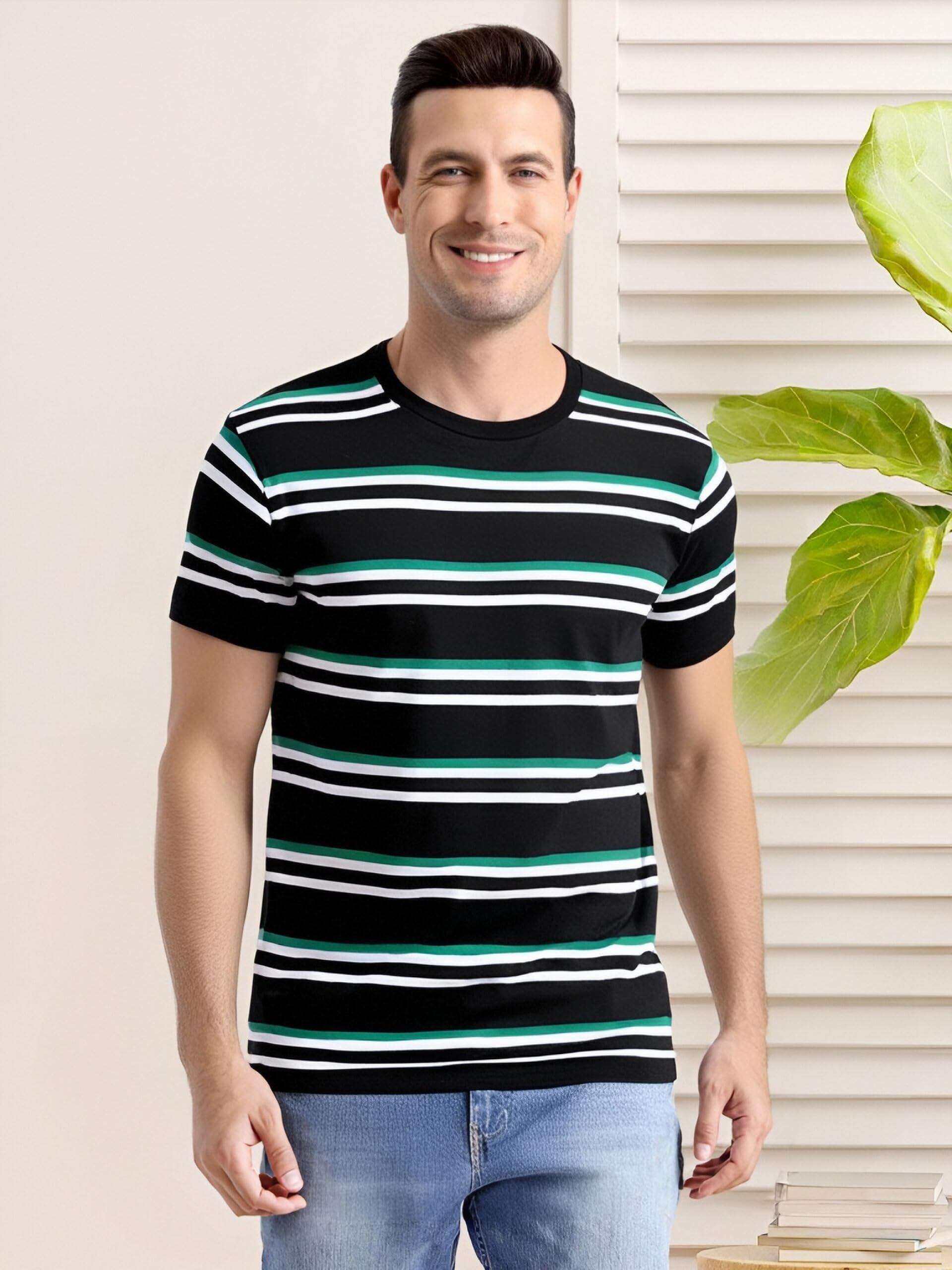 Funny World - Camiseta de algodón a rayas para hombre, cuello redondo, manga corta, básica e informal.
