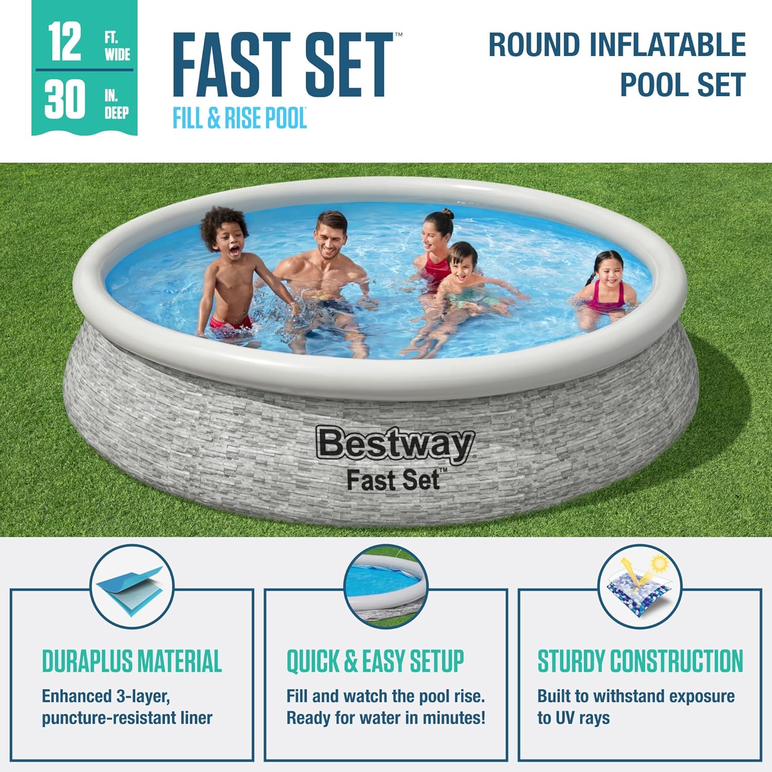 Bestway 12' x 30" Round Inflatable Stone Design Pool Set with Filter Pump