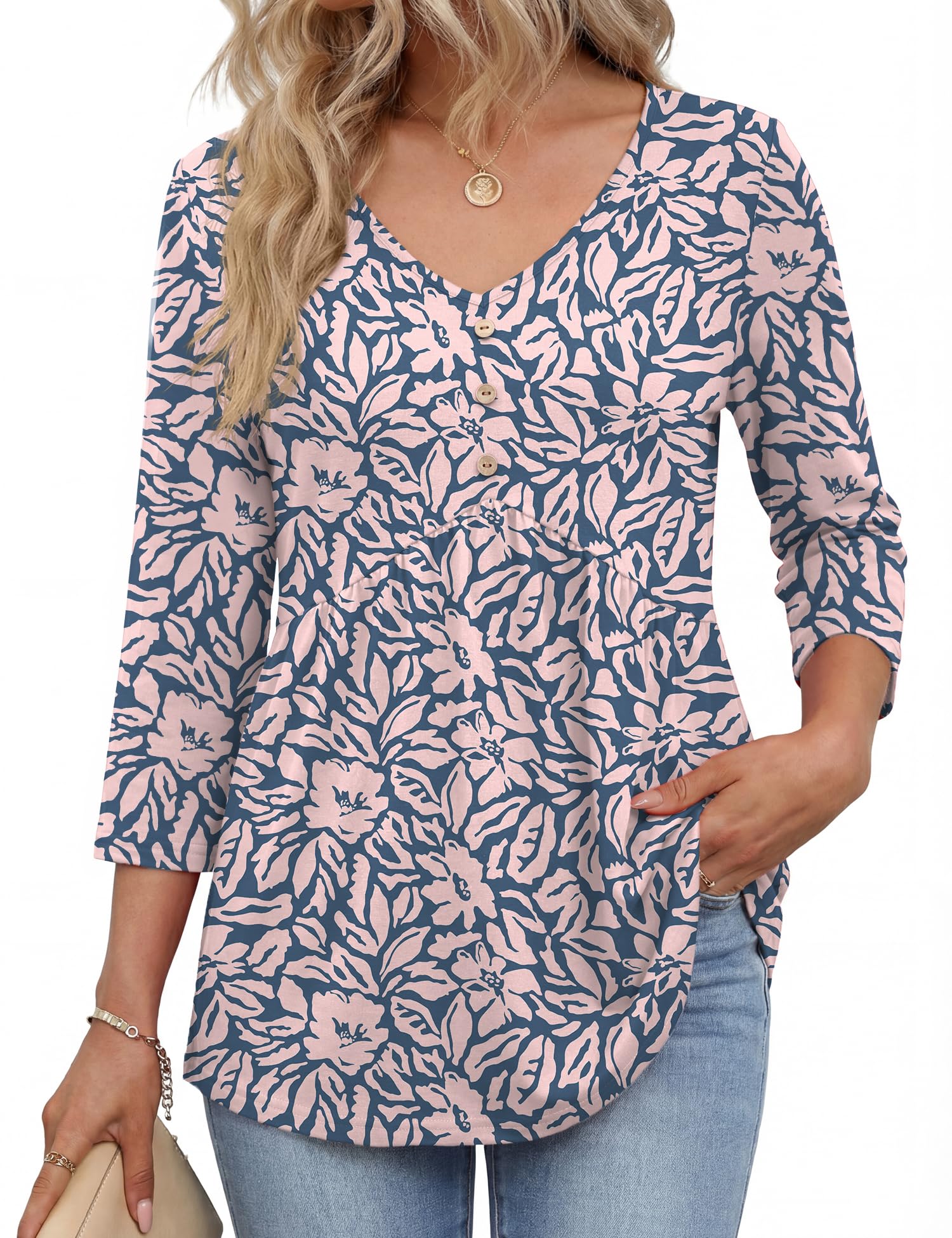 Rapbin Bluse Damen 3/4 Arm Shirt V-Ausschnitt Oberteil Elegant Button Blusenshirt Sommer Tops Locker Shirt Lässig Tunika Business Outfit