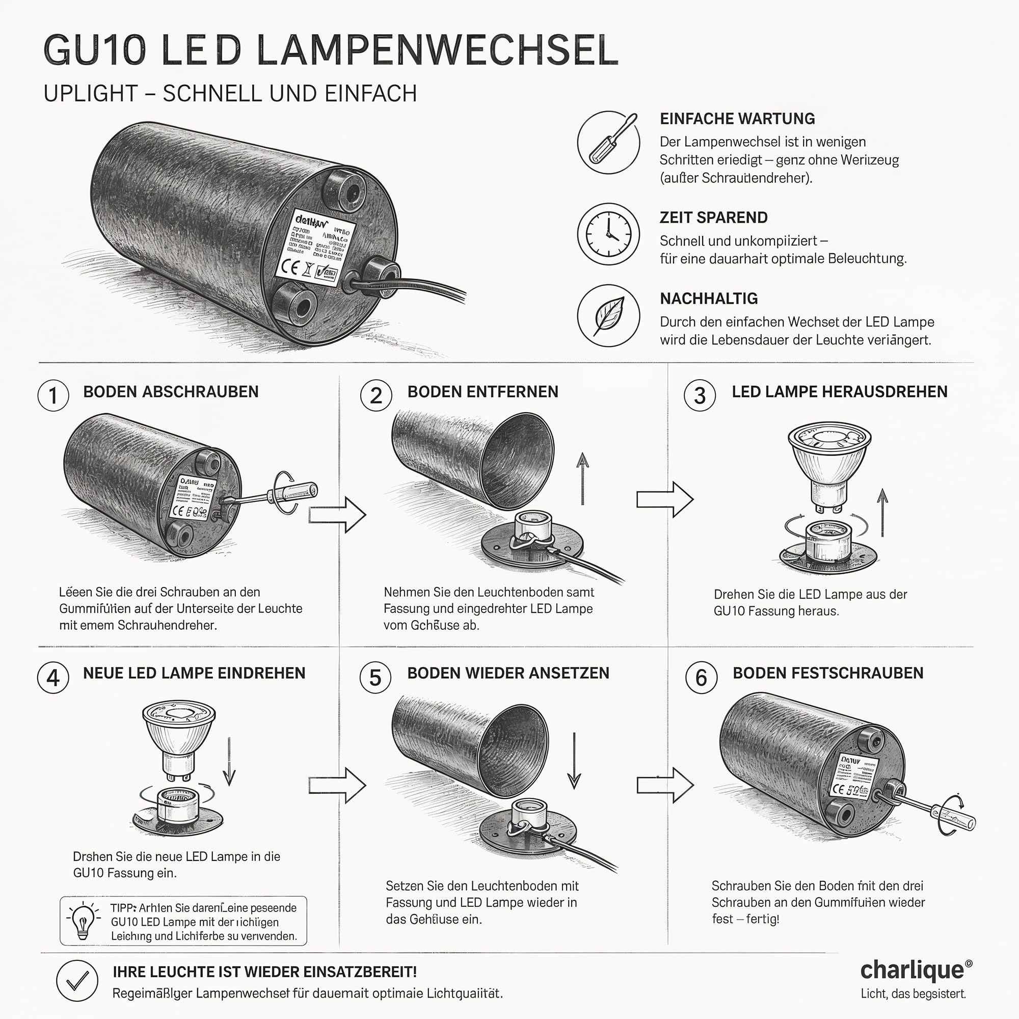 LED Uplight Spot (2 pièces) noir, 6W, spot de sol, lampe de sol pour l'éclairage indirect, lampe sur pied avec ampoule GU10 230V, lumière chaude de 2700 Kelvin