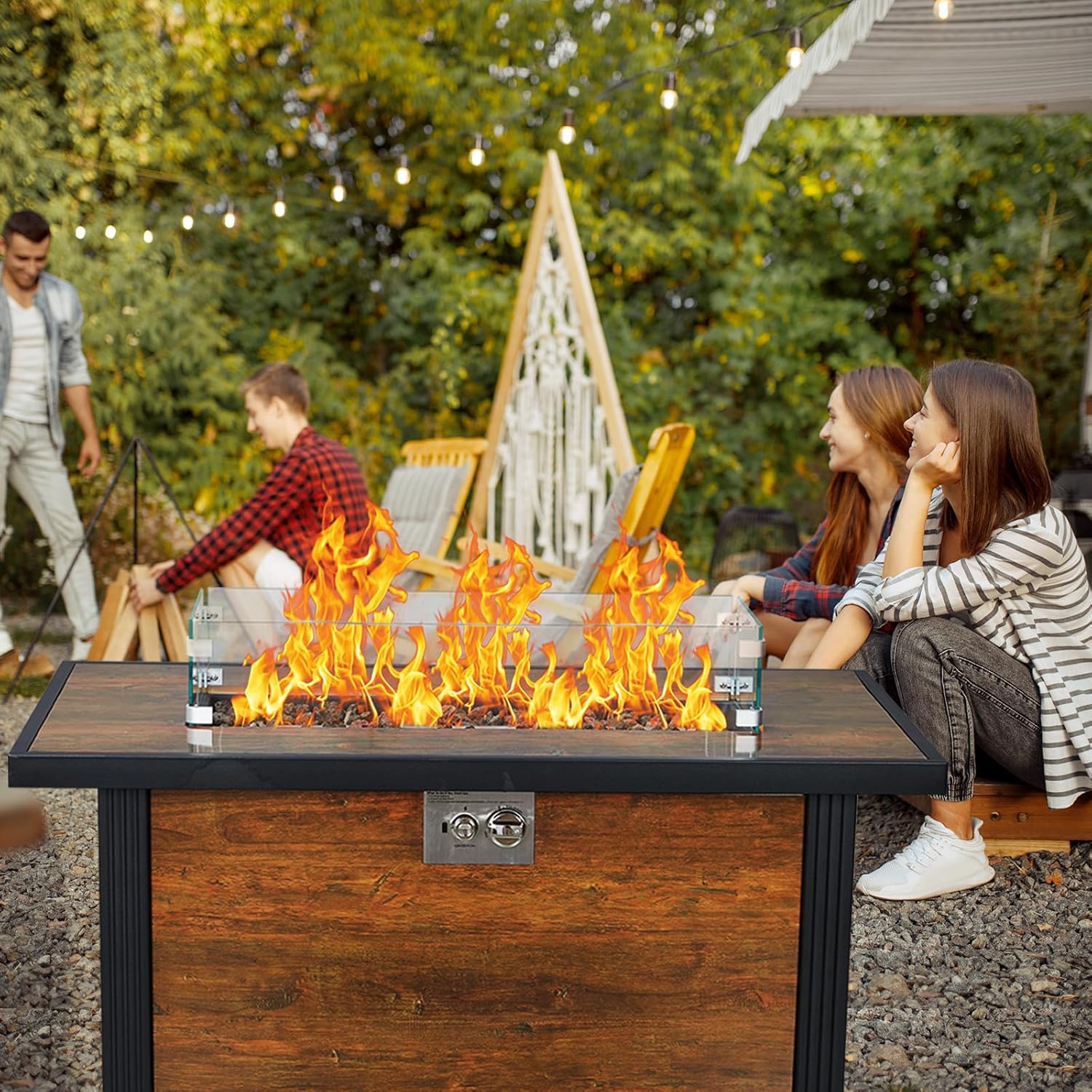 44 Inch Gas Fire Pit Square Table, 50,000 BTU Propane Outdoor Fire Table with Tempered Glass Wind Gaurd, Rain Cover, for Foolside, Dect, Lawn, Patio, Outside Garden,Thermal Transfer Woodgrain