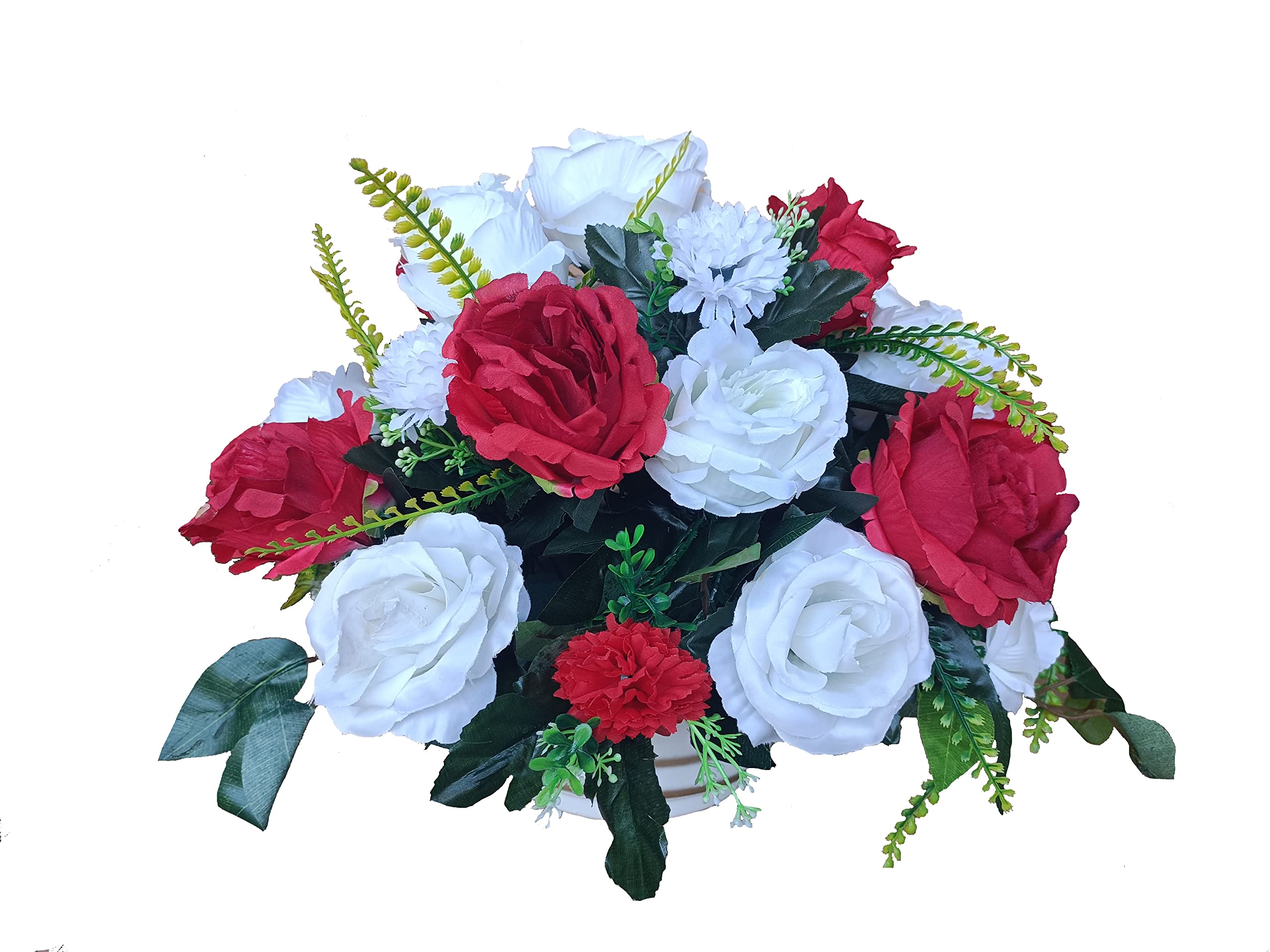 DRW Centro de Flores Artificiales Cementerio, Santos, Aniversarios Redondo Rosas Blancas y Rojas 45 cm diámetro x 35 cm Alto