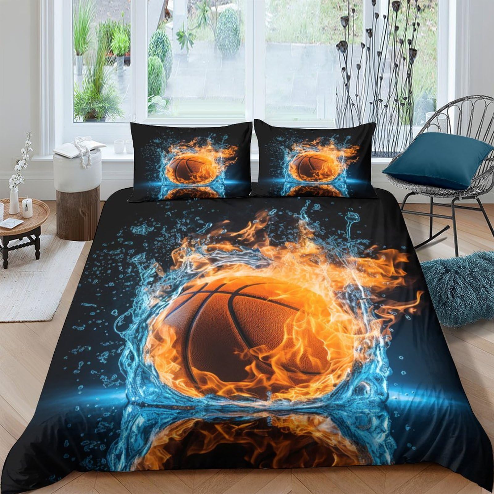Ctjqhvkz Style-4 3D Printed Fire Basketball Fitted Sheet Microfiber Soft Non Slip Splash Bed Cover For Bedroom Dorm Protection Decor Single（135X200cm）