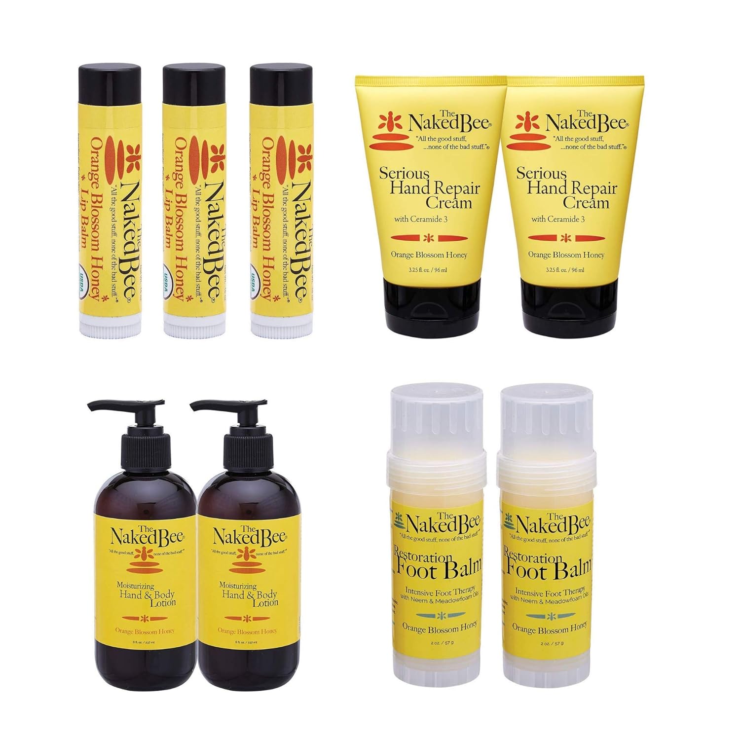 The Naked Bee Organic Orange Blossom Honey Lip Balm + Hand & Body Lotion 8oz + Restoration Foot Balm 2oz + Honey with Ceramide 3, Serious Hand Repair Cream Lotion