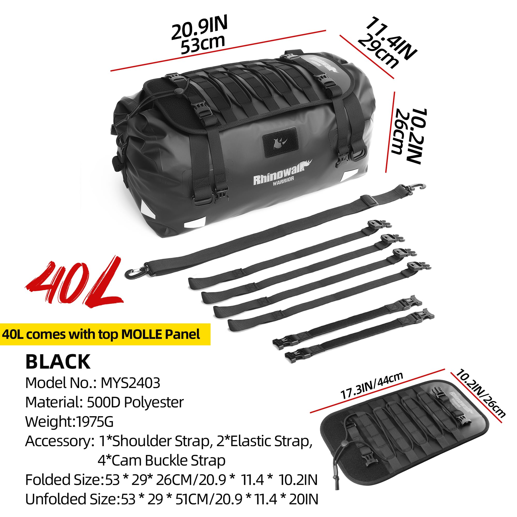 Rhinowalk Sac De Queue De Moto Imperméable Tous Temps/Coffre/Sac à Bagages Avec Sangle Sissy Bar 19-26L Noir