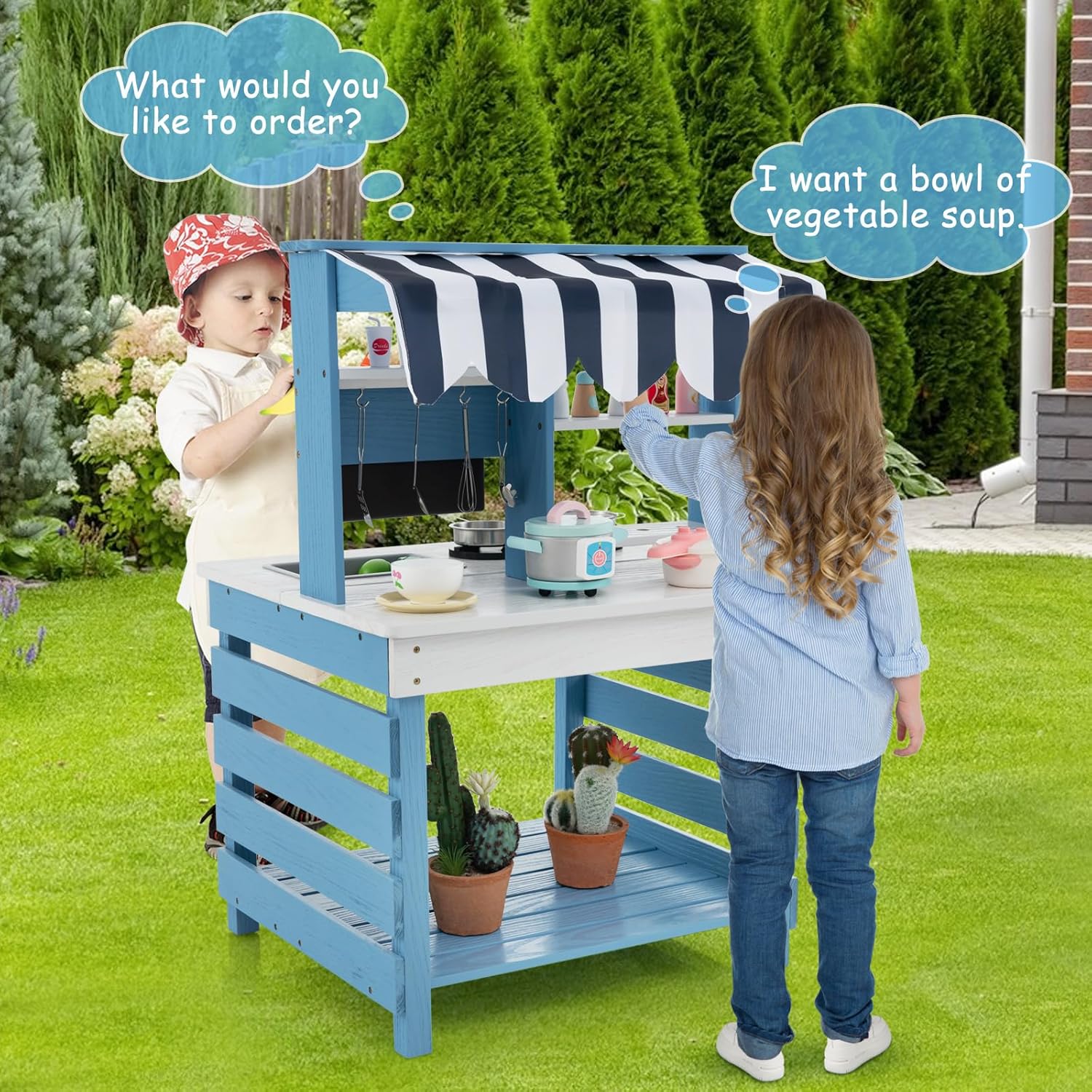 HONEY JOY Mud Kitchen, 2 in 1 Outdoor Play Kitchen for Toddlers & Grocery Store Pretend Play, Water Tank & Sink, Fabric Canopy, Double Side Fir Wood Mud Table for Kids Outdoors