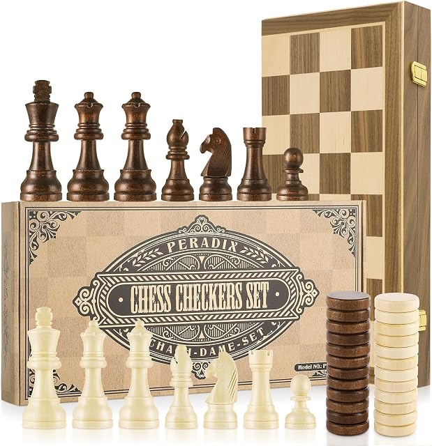 Peradix Chess Set and Draughts Board Games 2 in 1 Set | 39x39cm Magnetic Foldable Walnut Wooden Chess Board | 2 Extral Queen