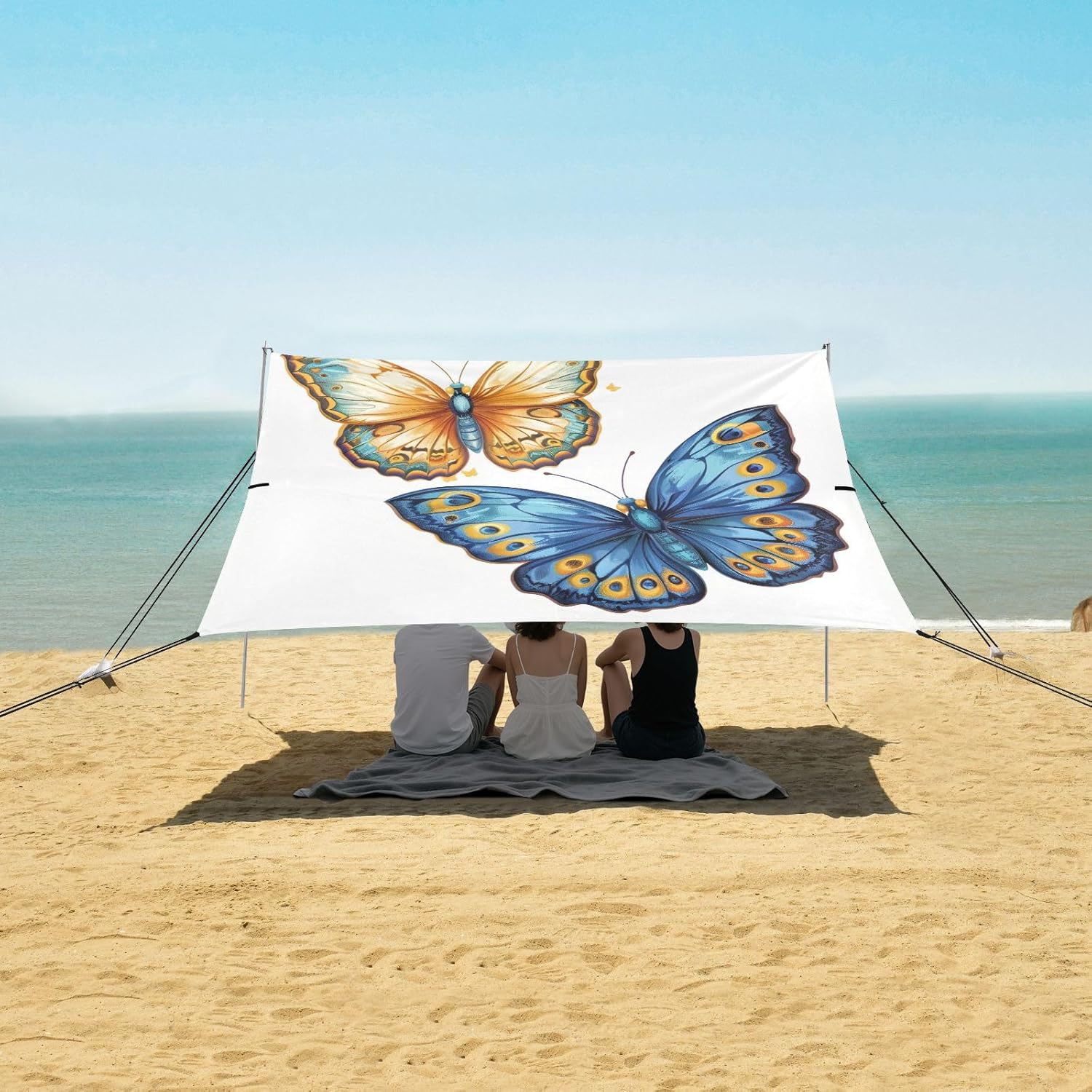 ALAZA Blue & Golden Butterflies Beach Tent Sun Shelter UPF50+ Protection Beach Shade Canopy w/ 4 Sandbags for Outdoor Camping, Fishing, Backyard Fun, Picnic, 10x9 ft