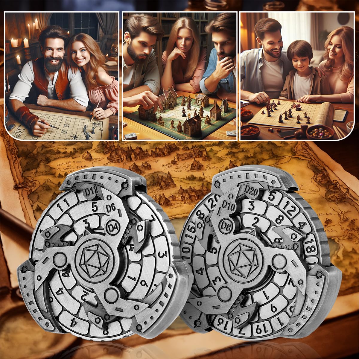 Spinner de Dés DND, Gyroscope du Bout des Doigts, 7-en-1 Métallique DND Dés, Roulette Dés Spinner, Cadeaux D&D avec Sacs Cadeaux Logo Dragon, Jeu de Rôle, Accessoires de Jeu de Société, Argent Foncé