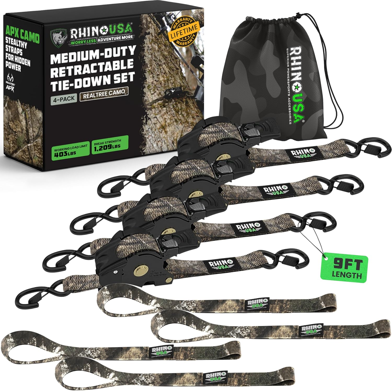 Rhino USA x Realtree Retractable Ratchet Straps (4PK) 1"x 9' (1,209lb Break Strength)- Heavy Duty Auto Self Retracting Tie Down Straps for Truck, Cargo Trailer, Motorcycle, ATV, UTV- Realtree APX Camo