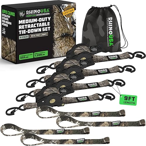 Miniatura 14 de Rhino USA Correas de trinquete retráctiles (paquete de 4) – 1 pulgada x 10 pies (1,209 libras de resistencia a la rotura) – Correas de amarre auto