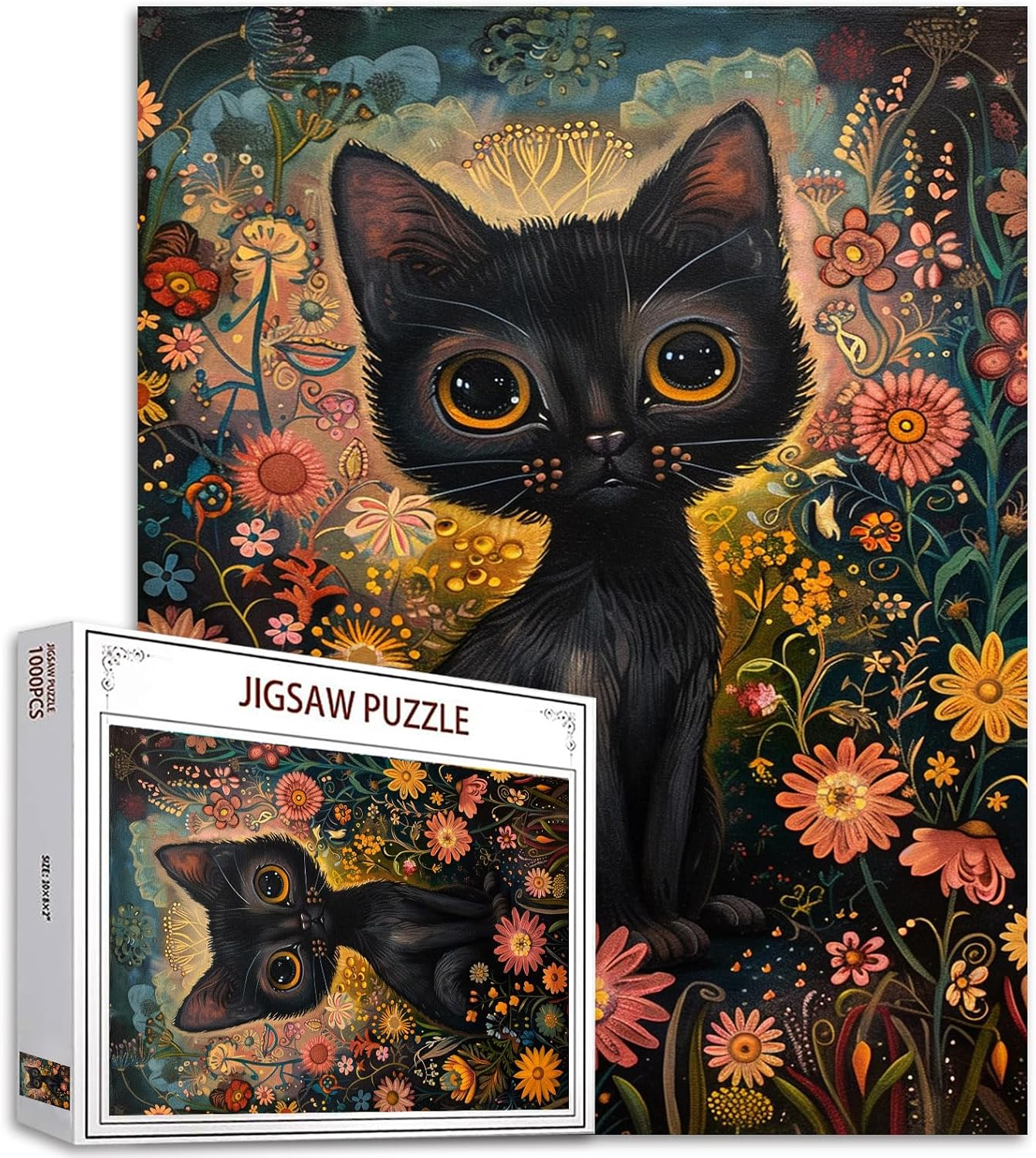 Tucocoo 1000 Piece Jigsaw Puzzles for Adults Black Kitten Jigsaw Puzzle Enchanted Garden Cat 1000 Pieces Puzzles for Challenging Family Activity Game Abstract Floral Art DIY Puzzle Wall Decor Gifts