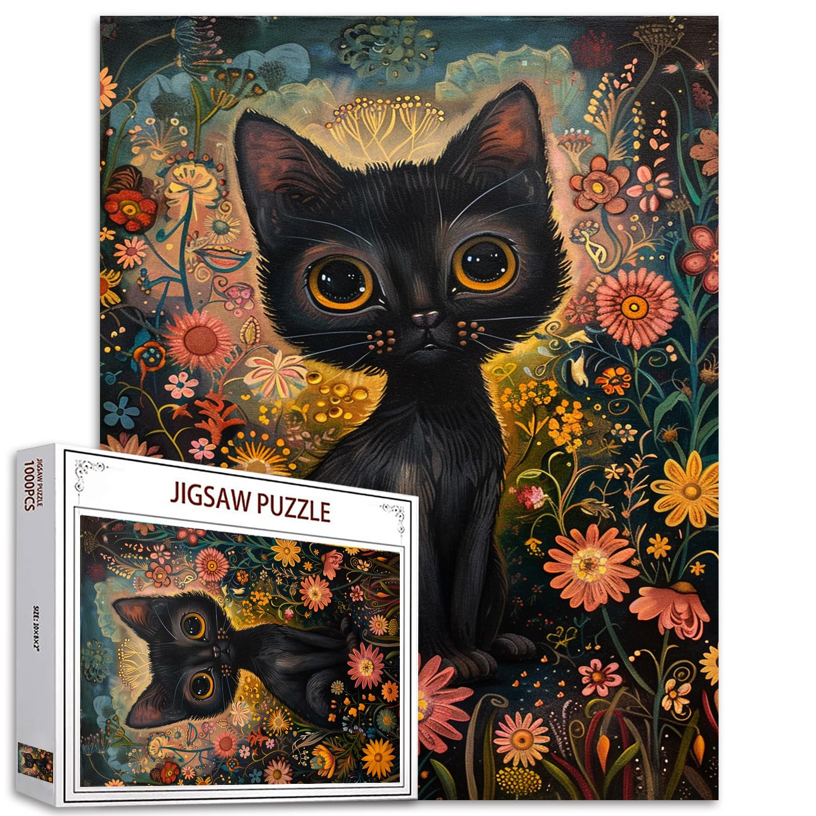 Tucocoo; adult puzzle 1000 pieces; black kitten; enchanted garden cat; challenging family activity; abstract floral art; DIY wall decoration