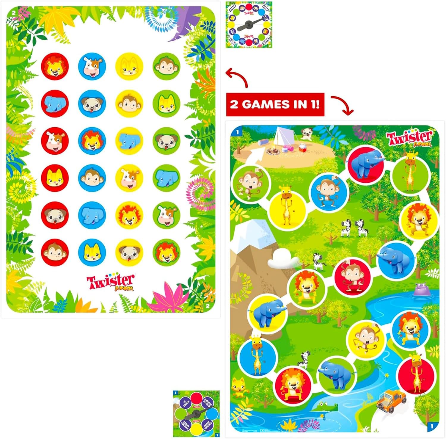 Twister Junior Game for Kids - Bundle with 2 in 1 Twister Junior Animal Safari and Animal Party Game for Kids, Toddlers Plus Stickers, More | 2-Sided Mat Activity Set