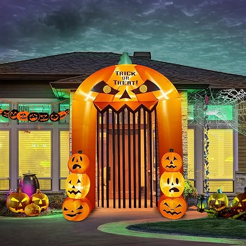 Arco de calabaza inflable de Halloween de 9.5 pies, puerta alta de calabaza de Kalolary con luz LED, decoración de Halloween para interiores y