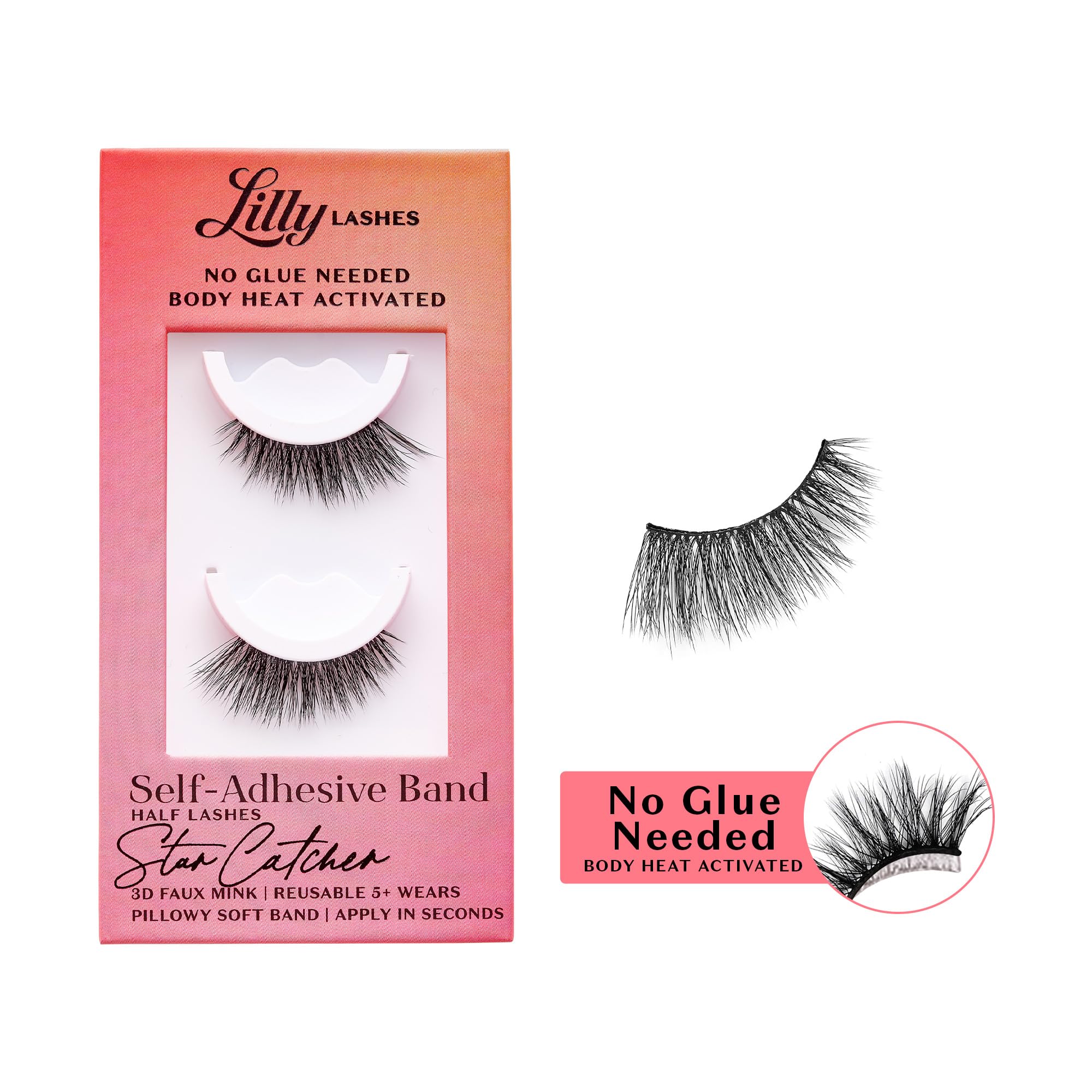 Lilly Lashes Self Adhesive Eyelashes Half Lashes No Lash Glue Needed Body Heat Activated Press on Lashes Reusable