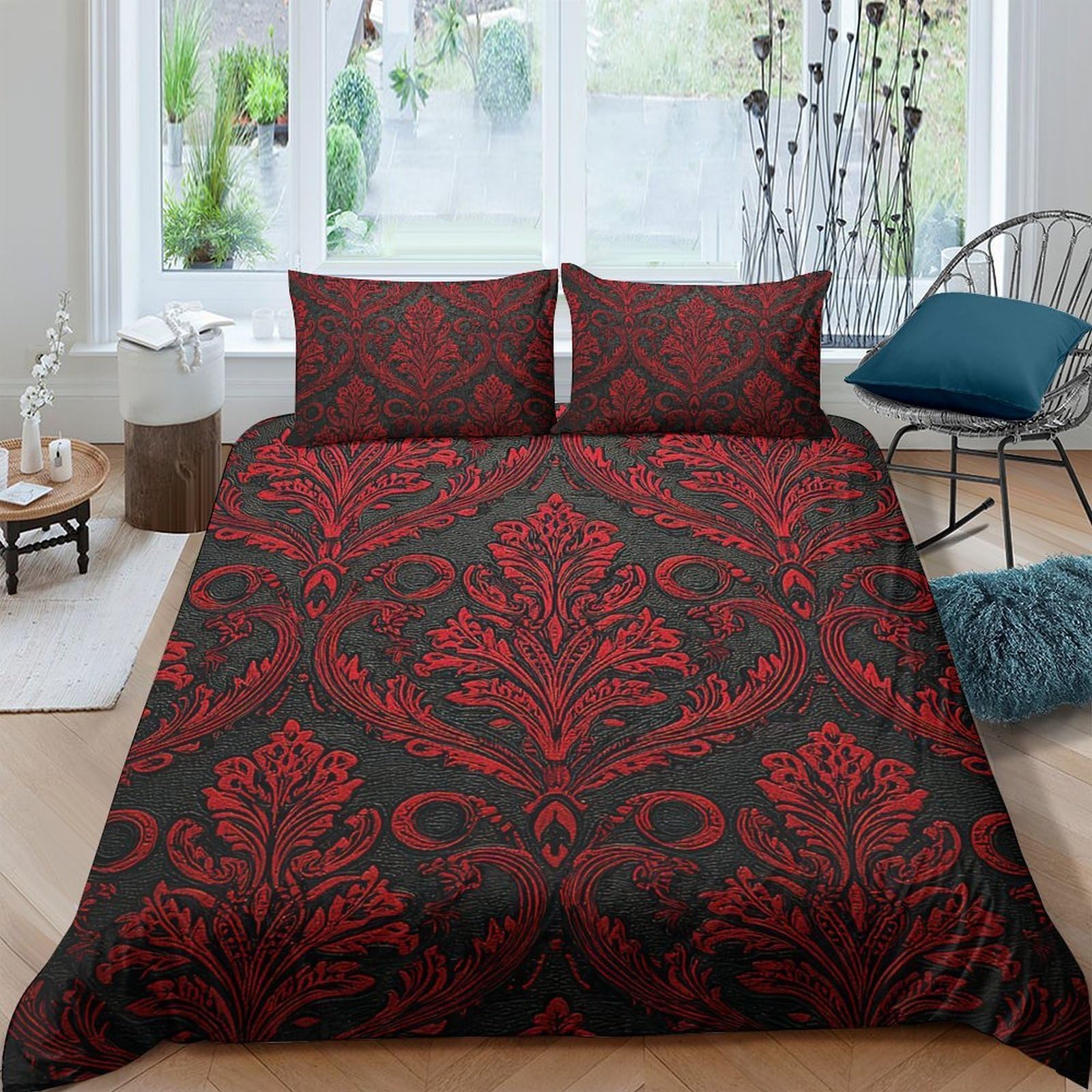 Ctjqhvkz Style-5 3D Printed Baroque Damask Fitted Sheet Microfiber Soft Breathable Red Black Mattress Cover For Bedroom Dorm Decor Single（135X200cm）