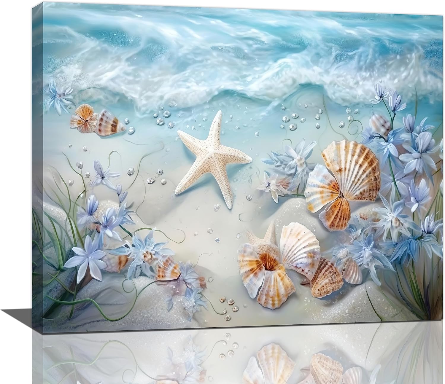 yerretin Beach Seashell Bathroom Wall Art Coastal Starfish Pictures Wall Decor Modern Home Canvas Painting Decorations Artwork for Living Room Bedroom Office Framed, 20"x16"